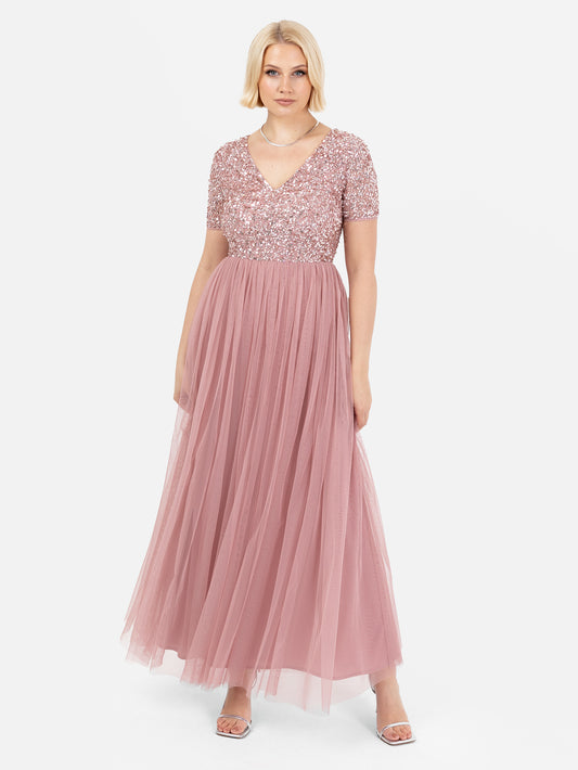 Maya Dusty Pink V Neckline Embellished Maxi Dress