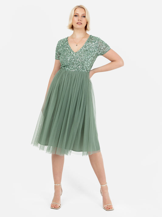 Maya Dark Sage Green V Neckline Embellished Midi Dress