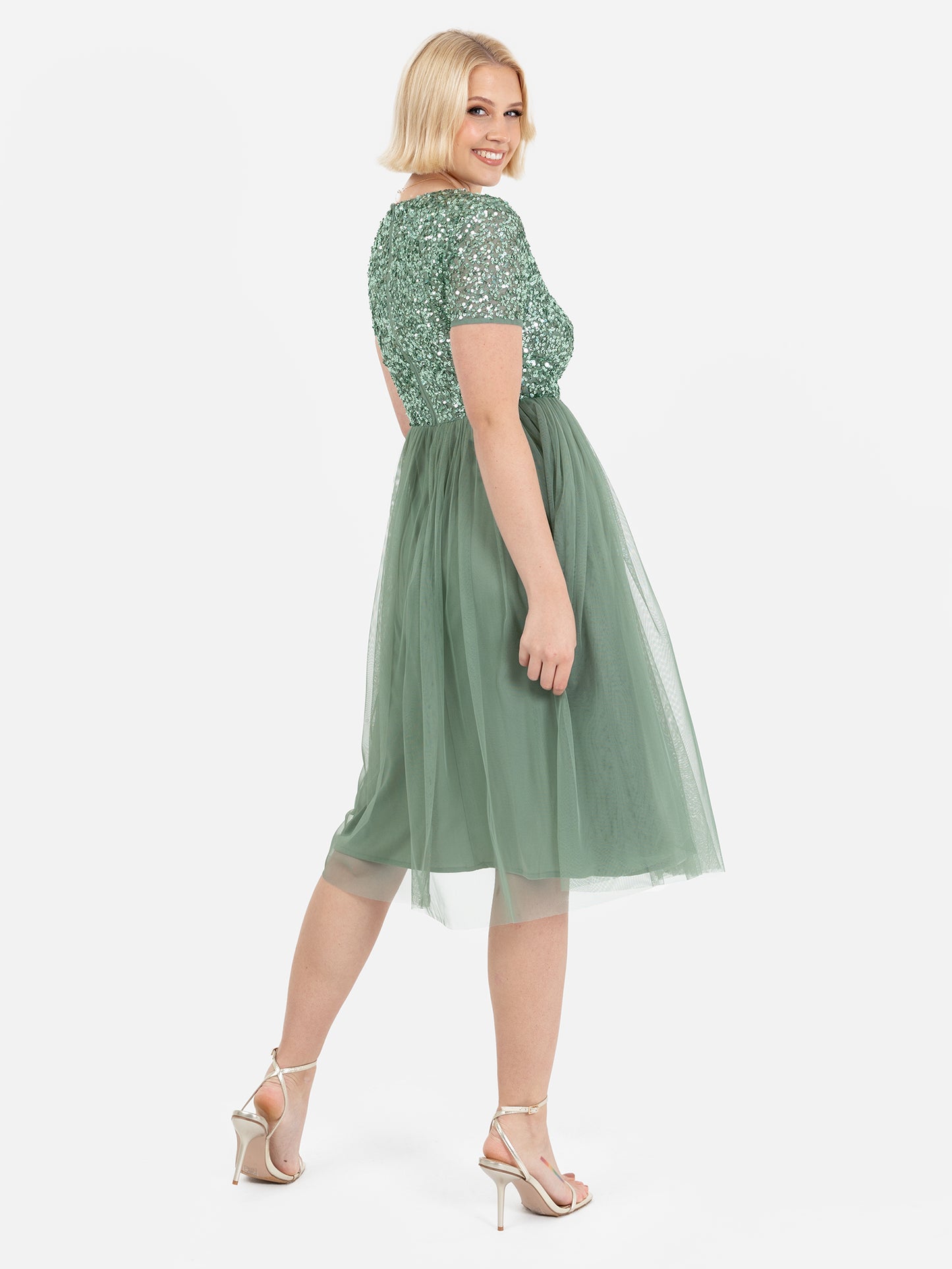 Maya Dark Sage Green V Neckline Embellished Midi Dress