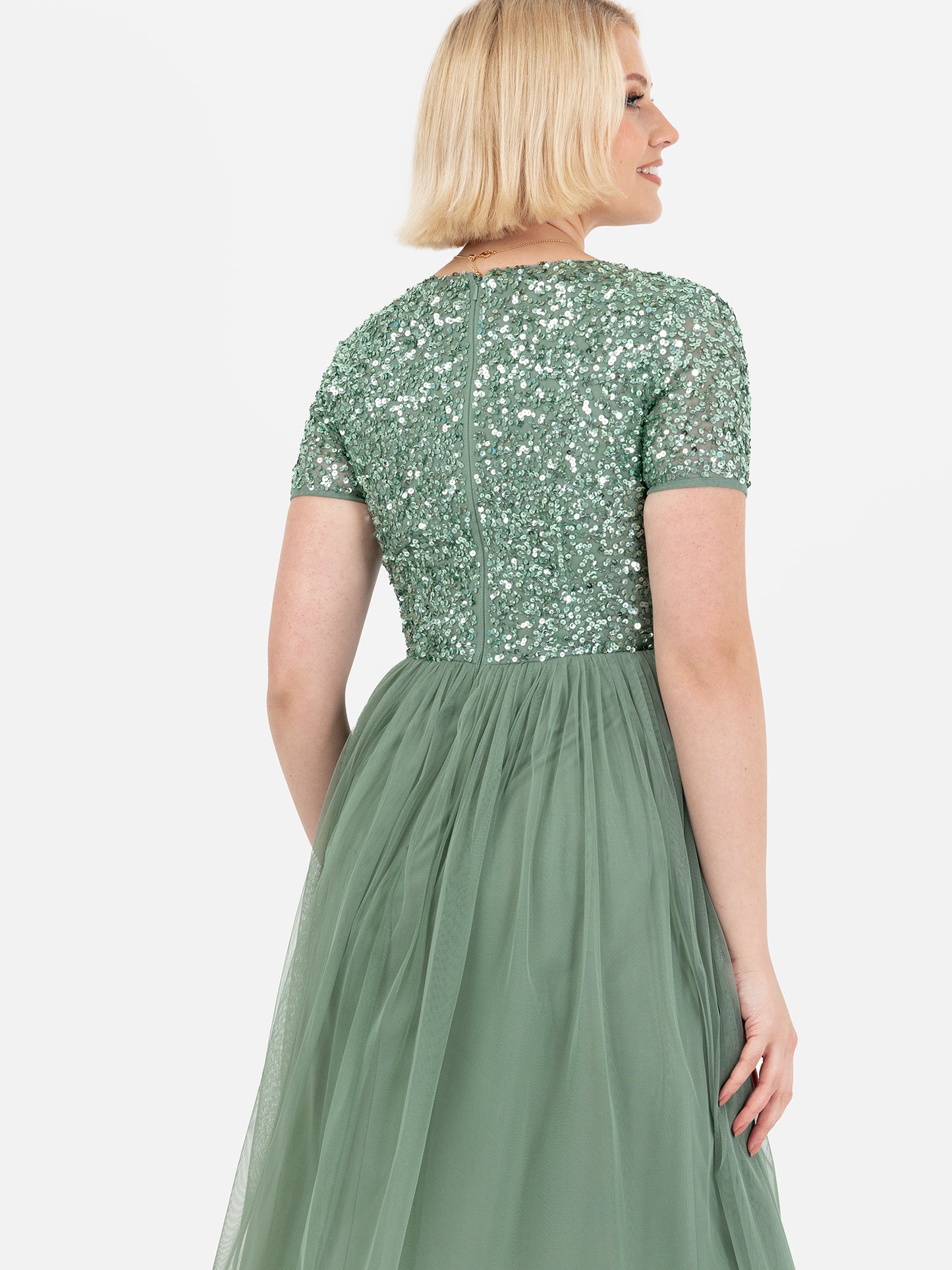 Maya Dark Sage Green V Neckline Embellished Midi Dress