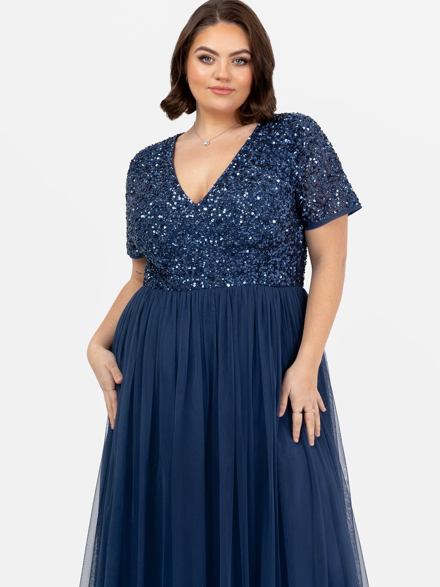 Maya French Navy V Neckline Embellished Maxi Dress