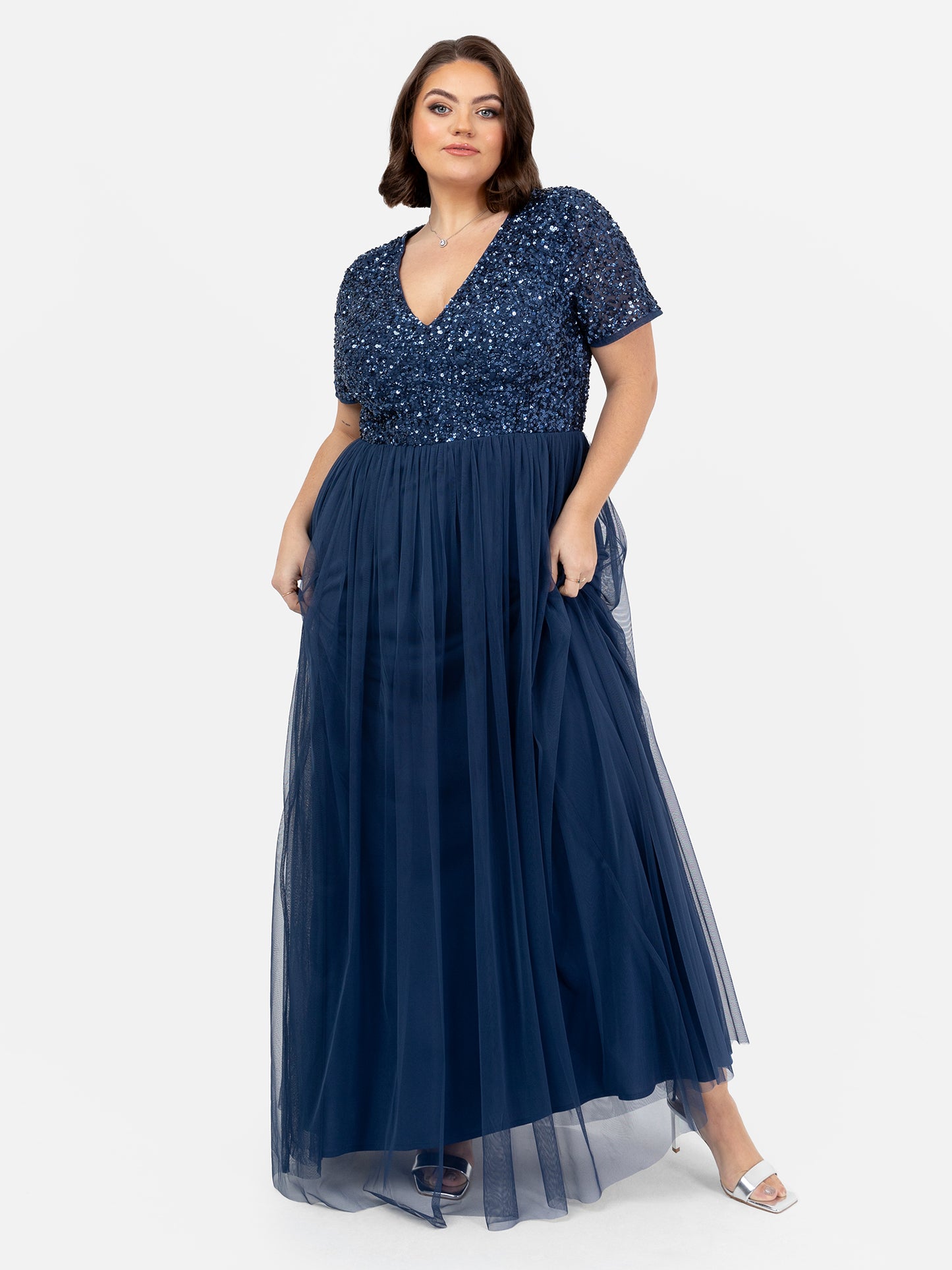 Maya French Navy V Neckline Embellished Maxi Dress