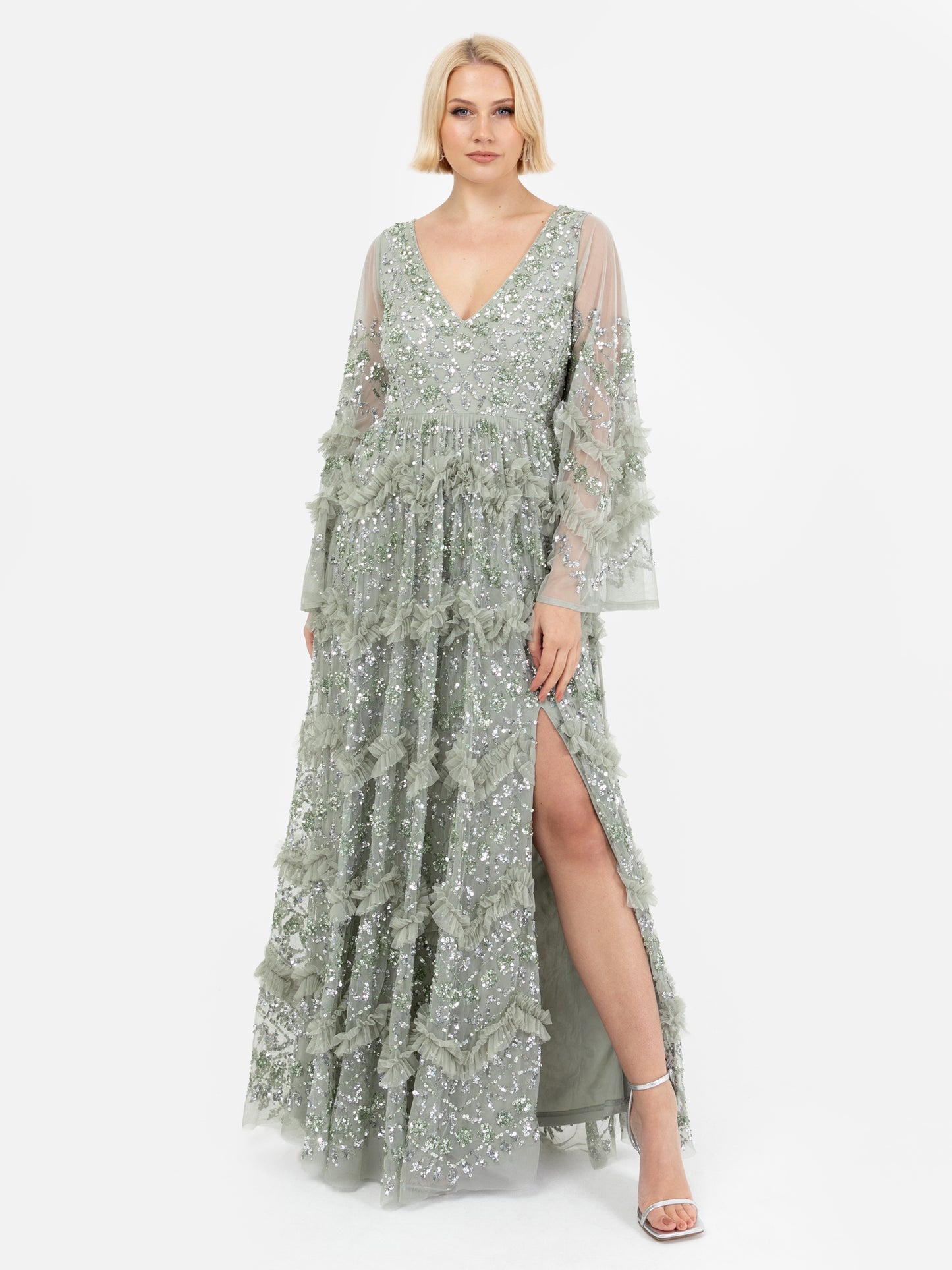Maya Sage Green Fully Embellished Maxi Dress With Frill Detail