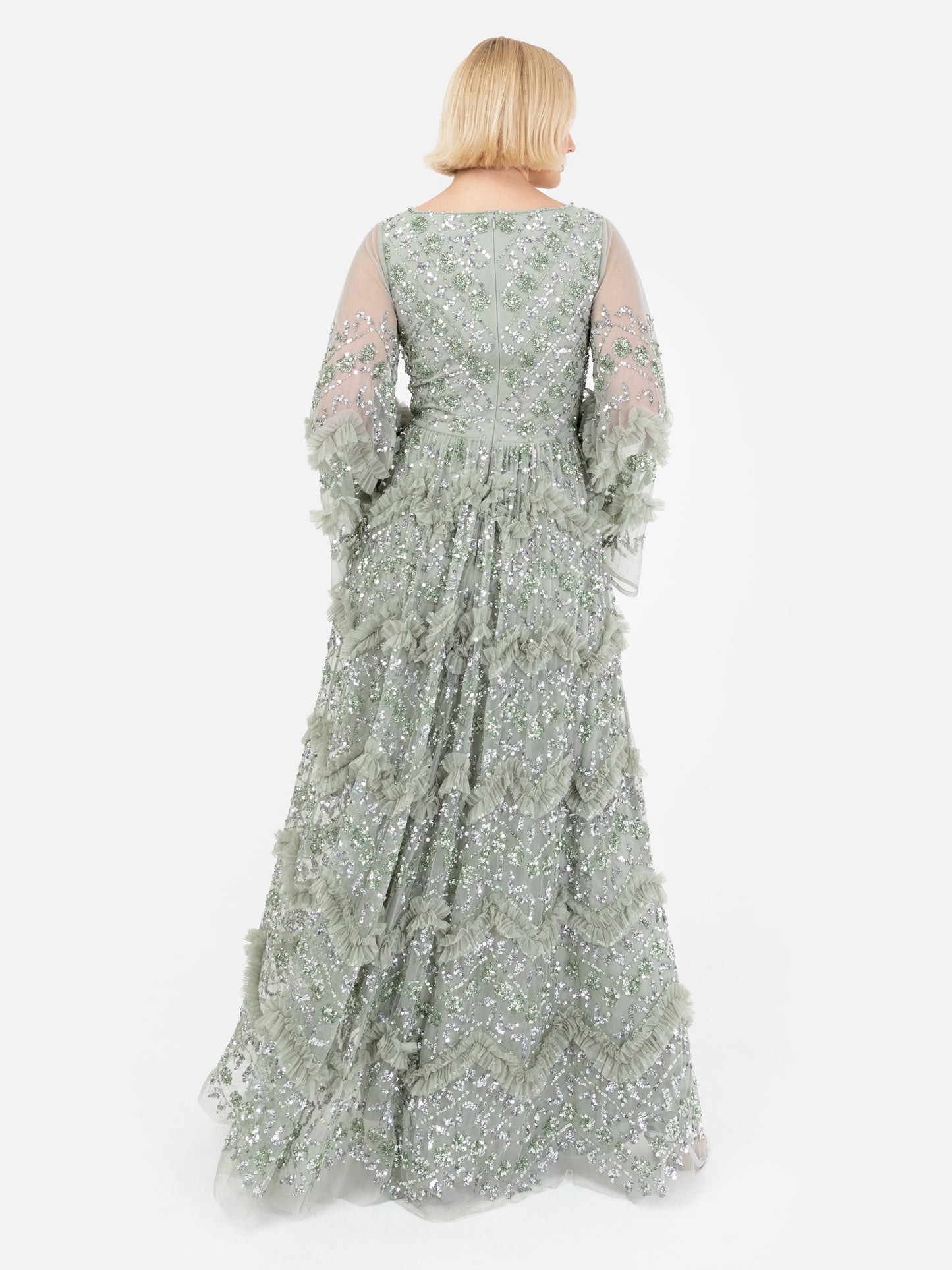 Maya Sage Green Fully Embellished Maxi Dress With Frill Detail
