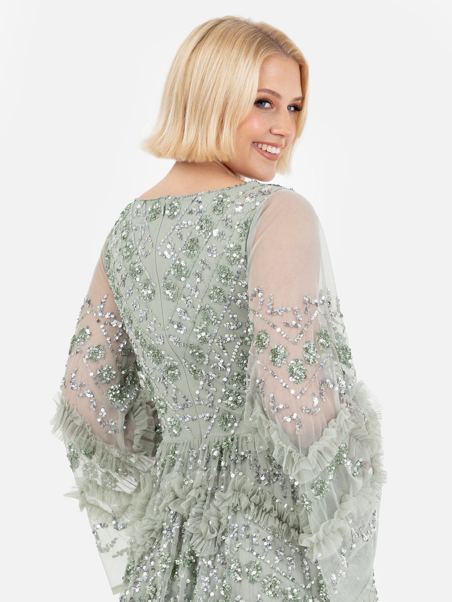 Maya Sage Green Fully Embellished Maxi Dress With Frill Detail