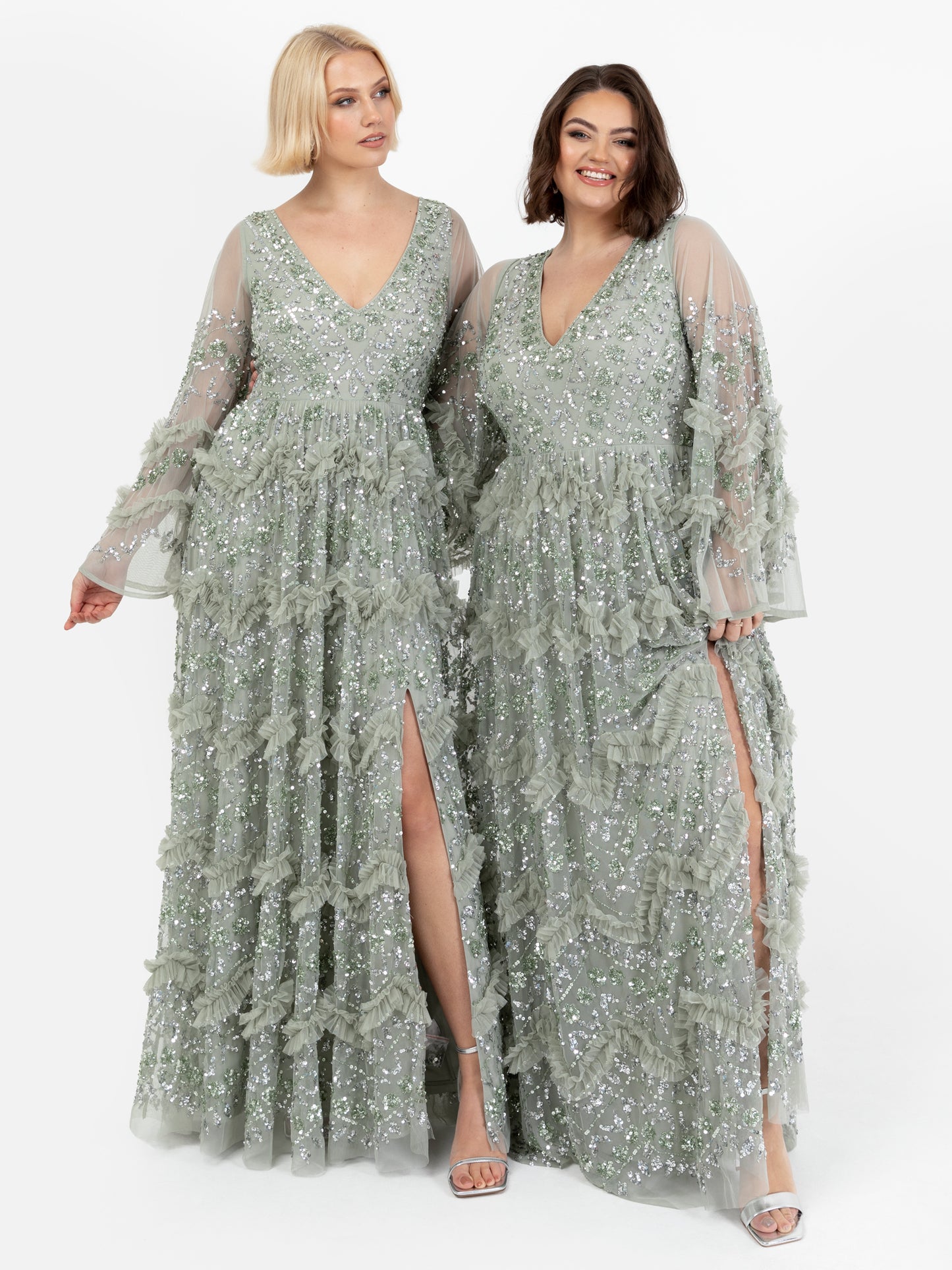 Maya Sage Green Fully Embellished Maxi Dress With Frill Detail