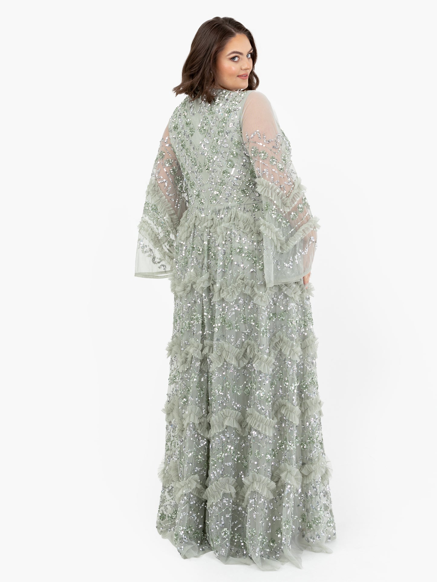 Maya Sage Green Fully Embellished Maxi Dress With Frill Detail