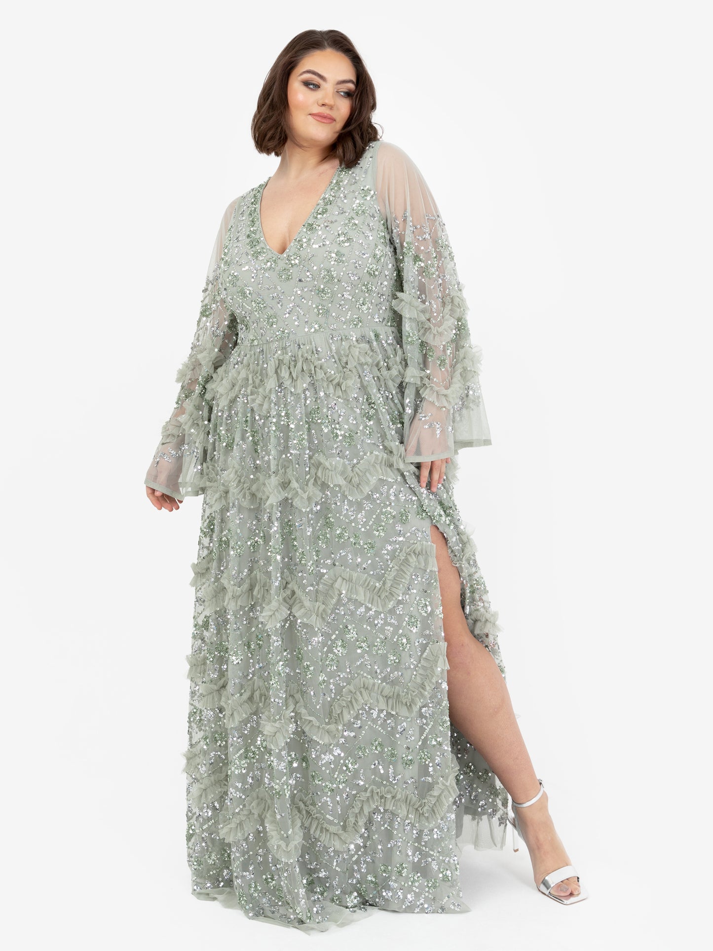 Maya Sage Green Fully Embellished Maxi Dress With Frill Detail