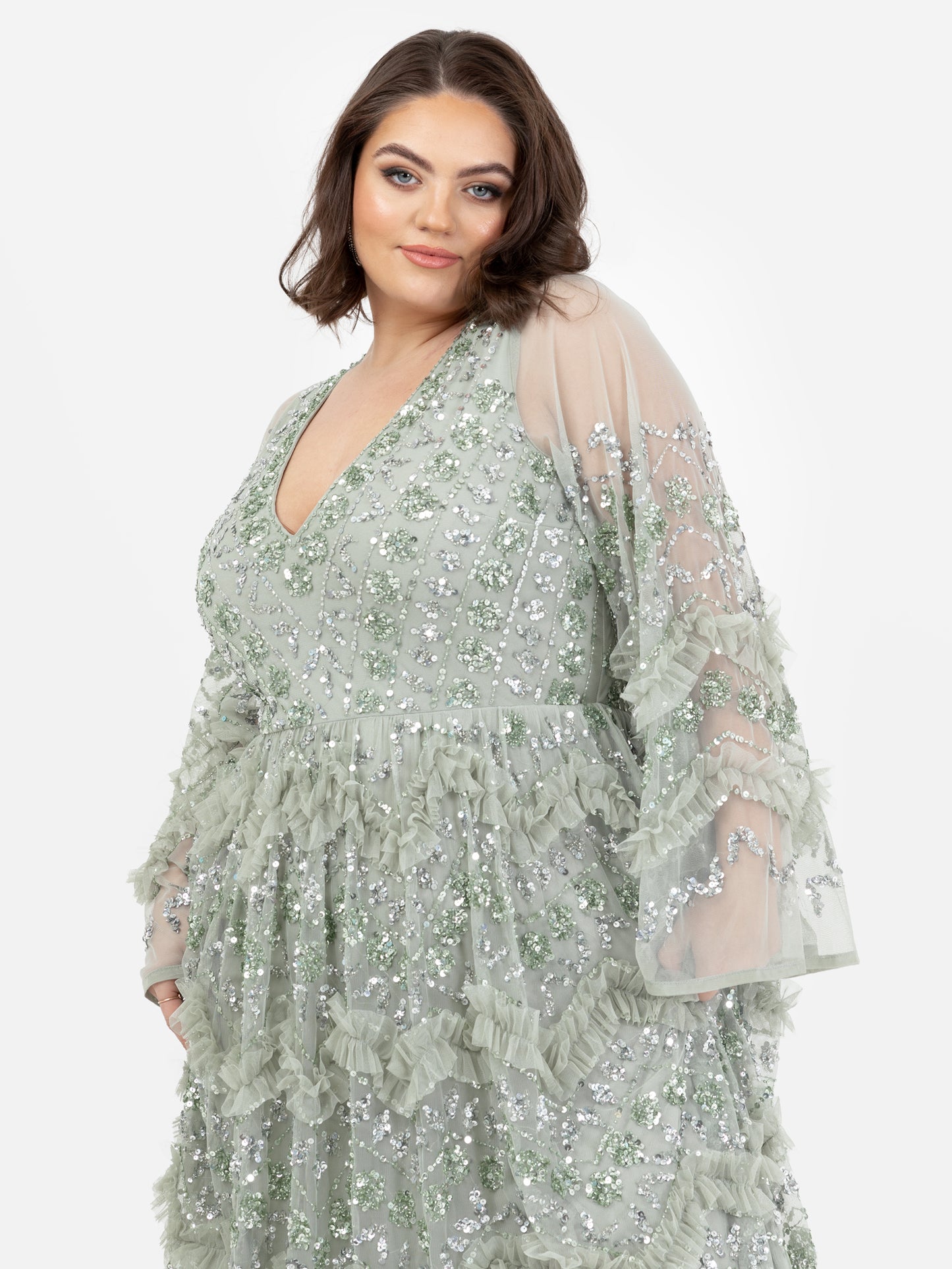 Maya Sage Green Fully Embellished Maxi Dress With Frill Detail