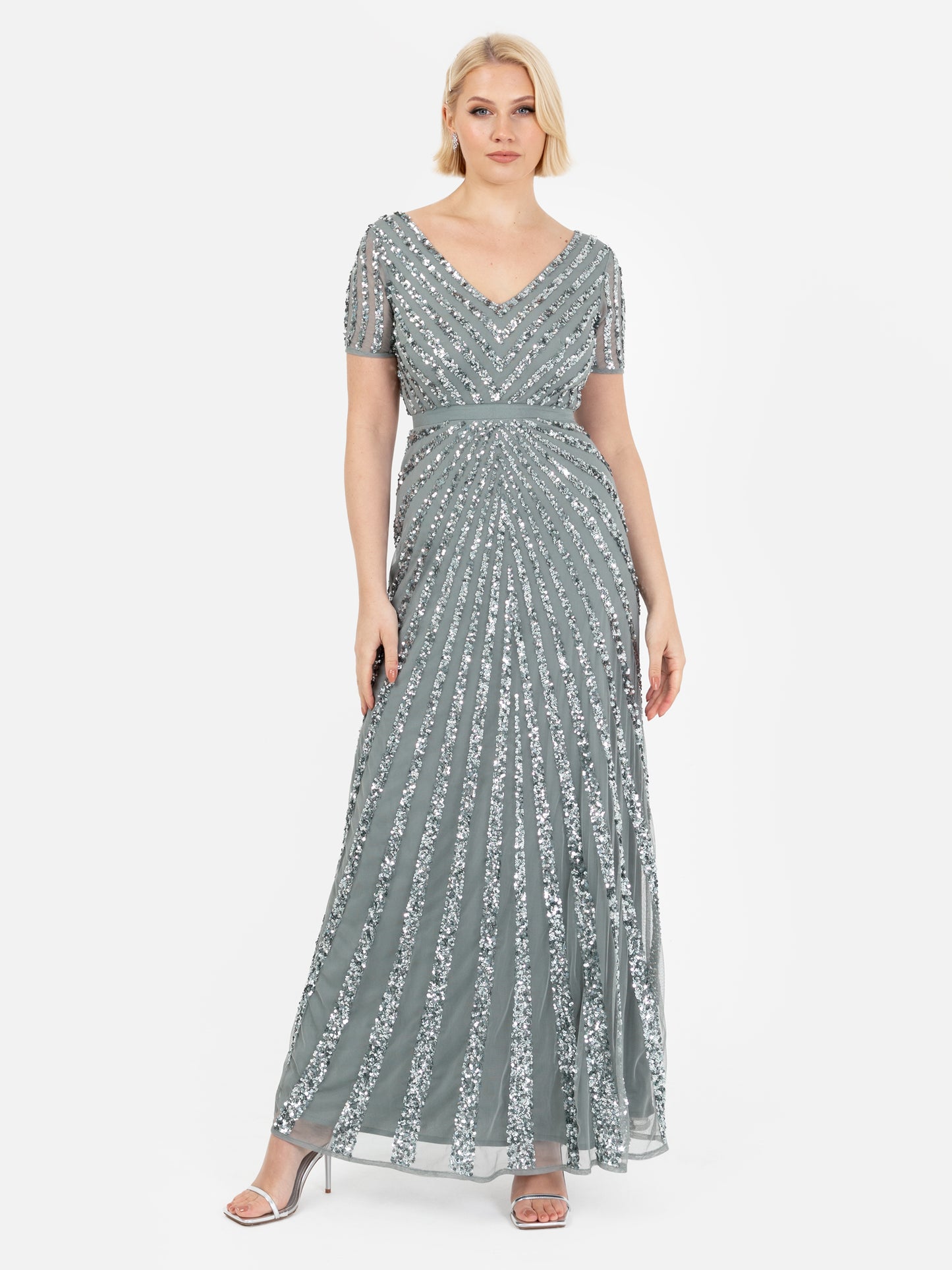 Maya Misty Green Short Sleeve Stripe Embellished Maxi Dress