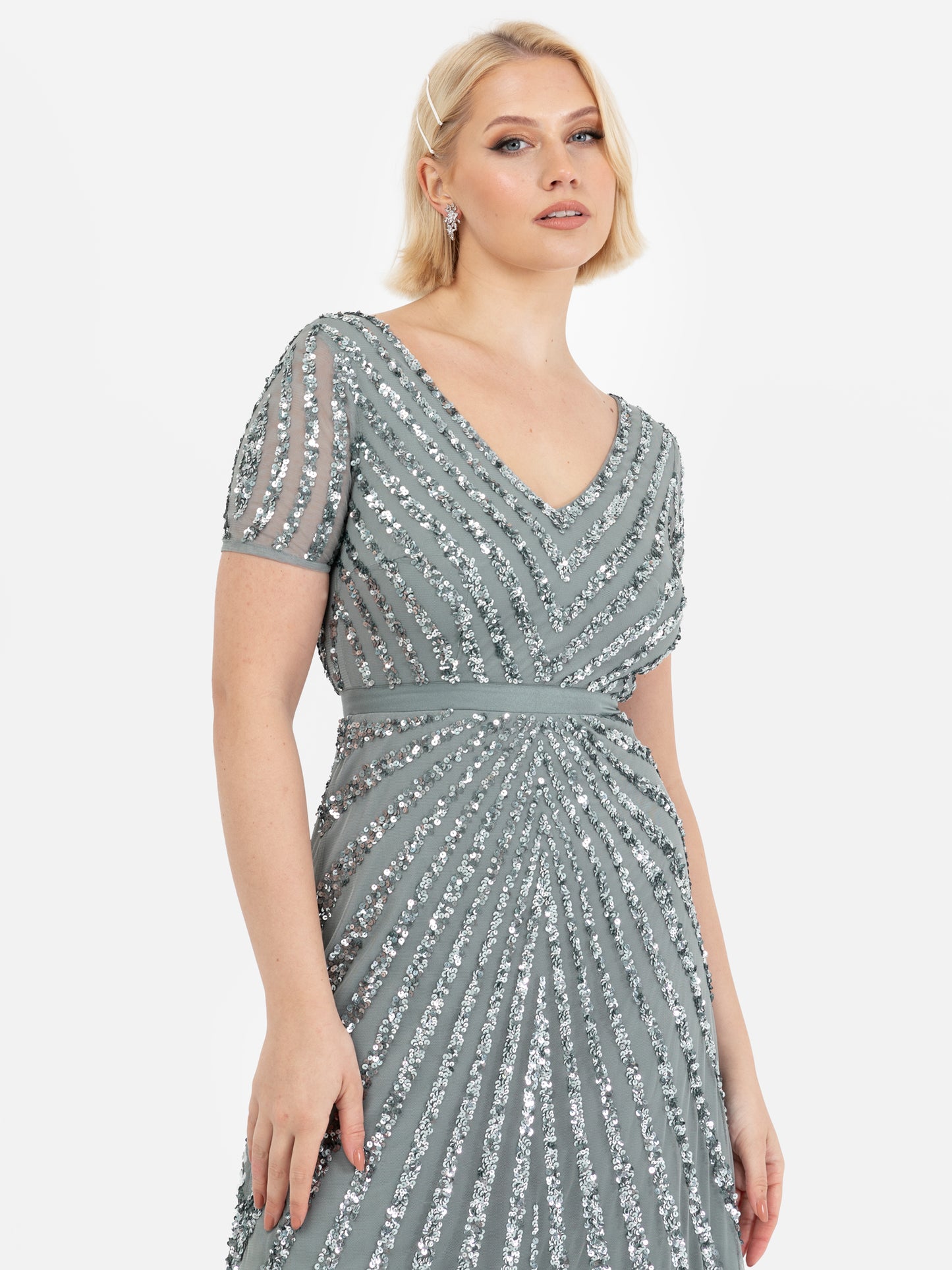 Maya Misty Green Short Sleeve Stripe Embellished Maxi Dress