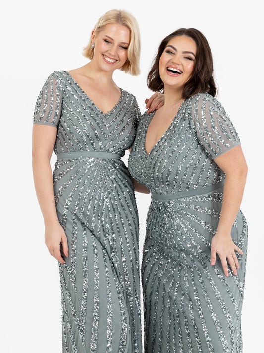 Maya Misty Green Short Sleeve Stripe Embellished Maxi Dress