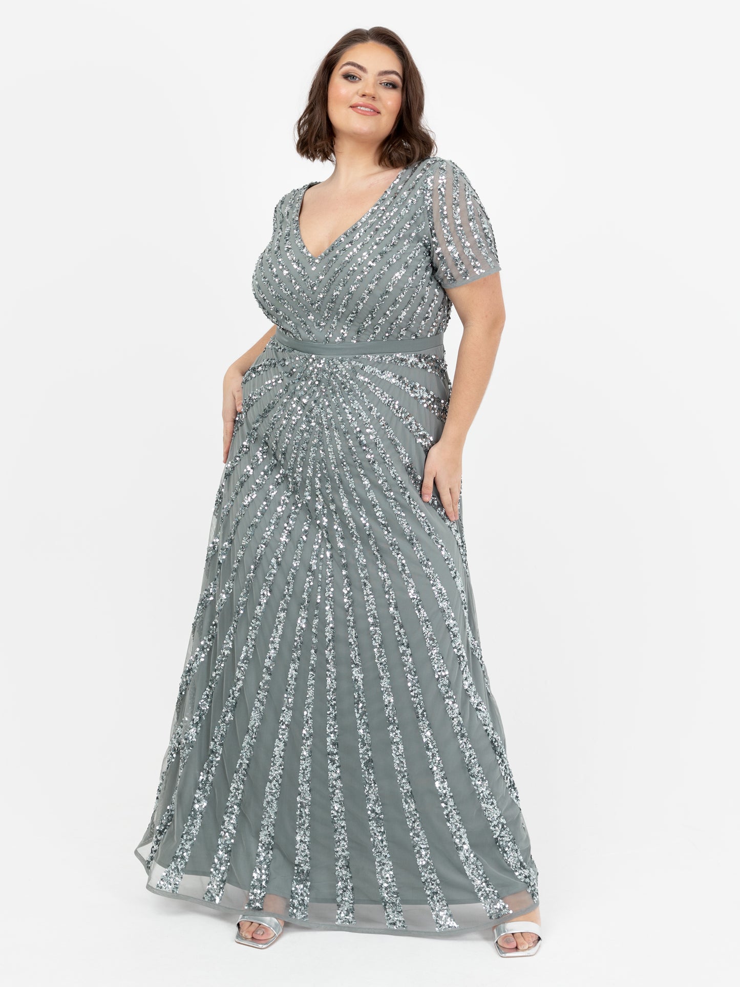 Maya Misty Green Short Sleeve Stripe Embellished Maxi Dress