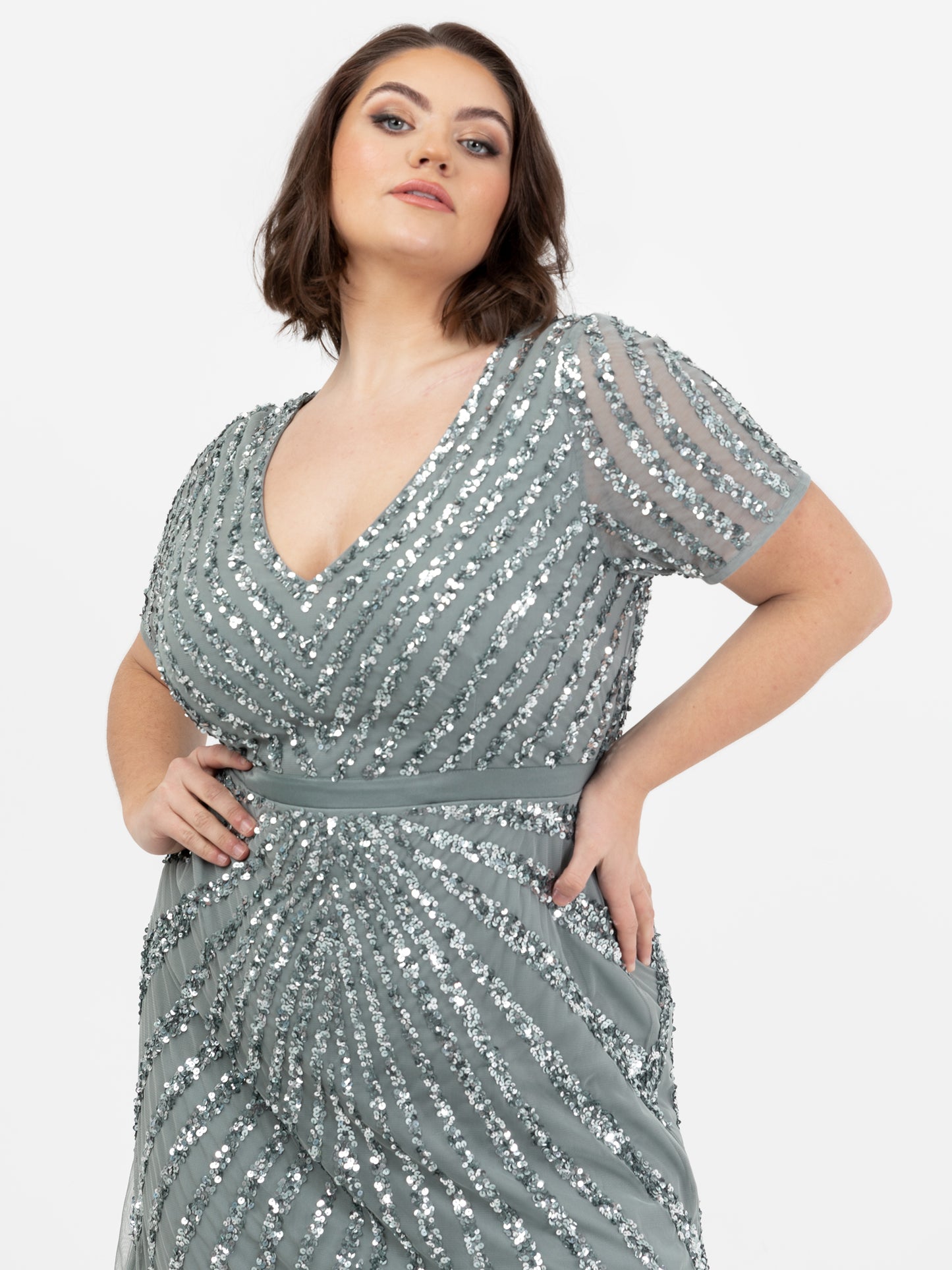 Maya Misty Green Short Sleeve Stripe Embellished Maxi Dress