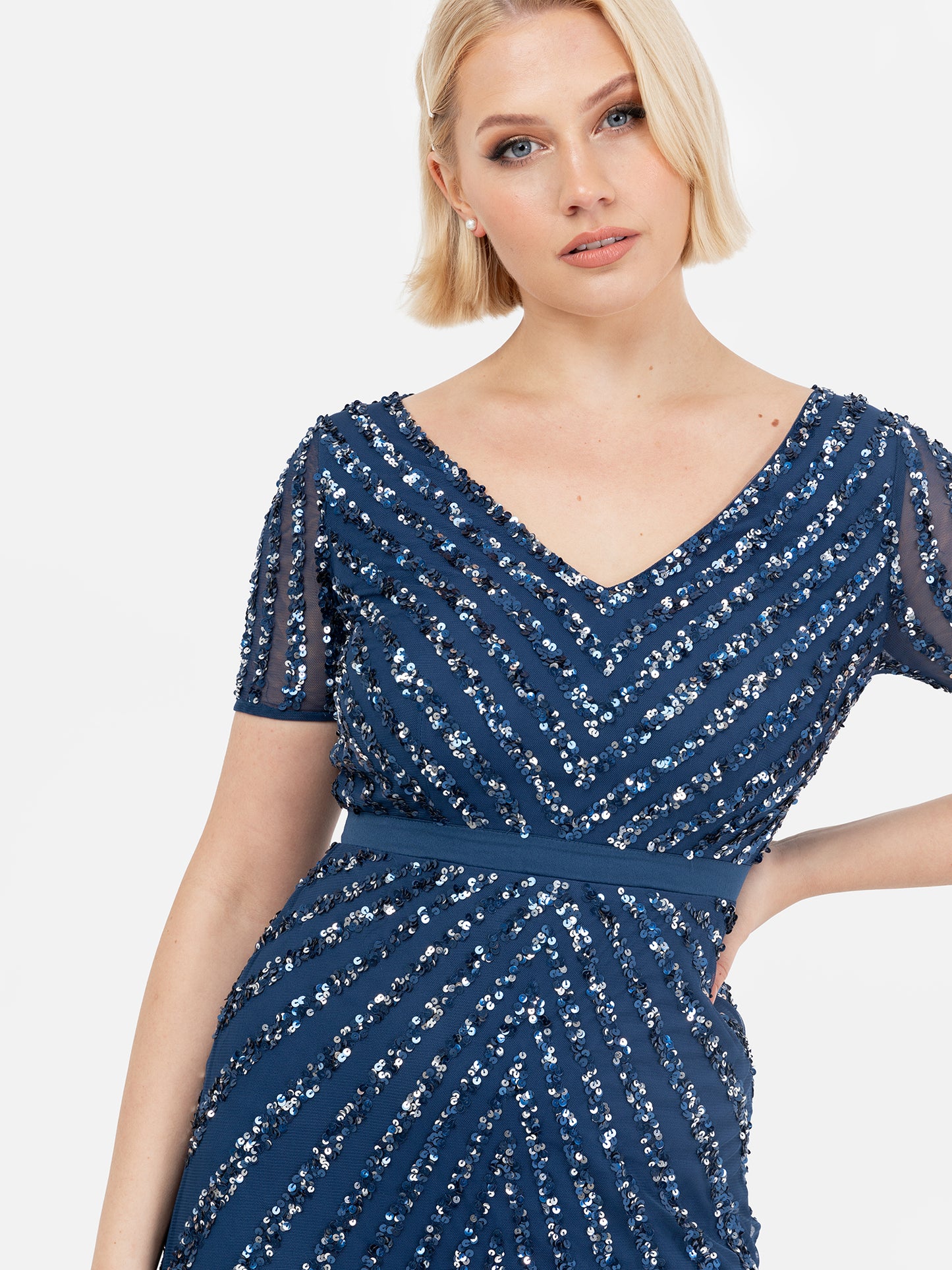 Maya French Navy Short Sleeve Stripe Embellished Maxi Dress