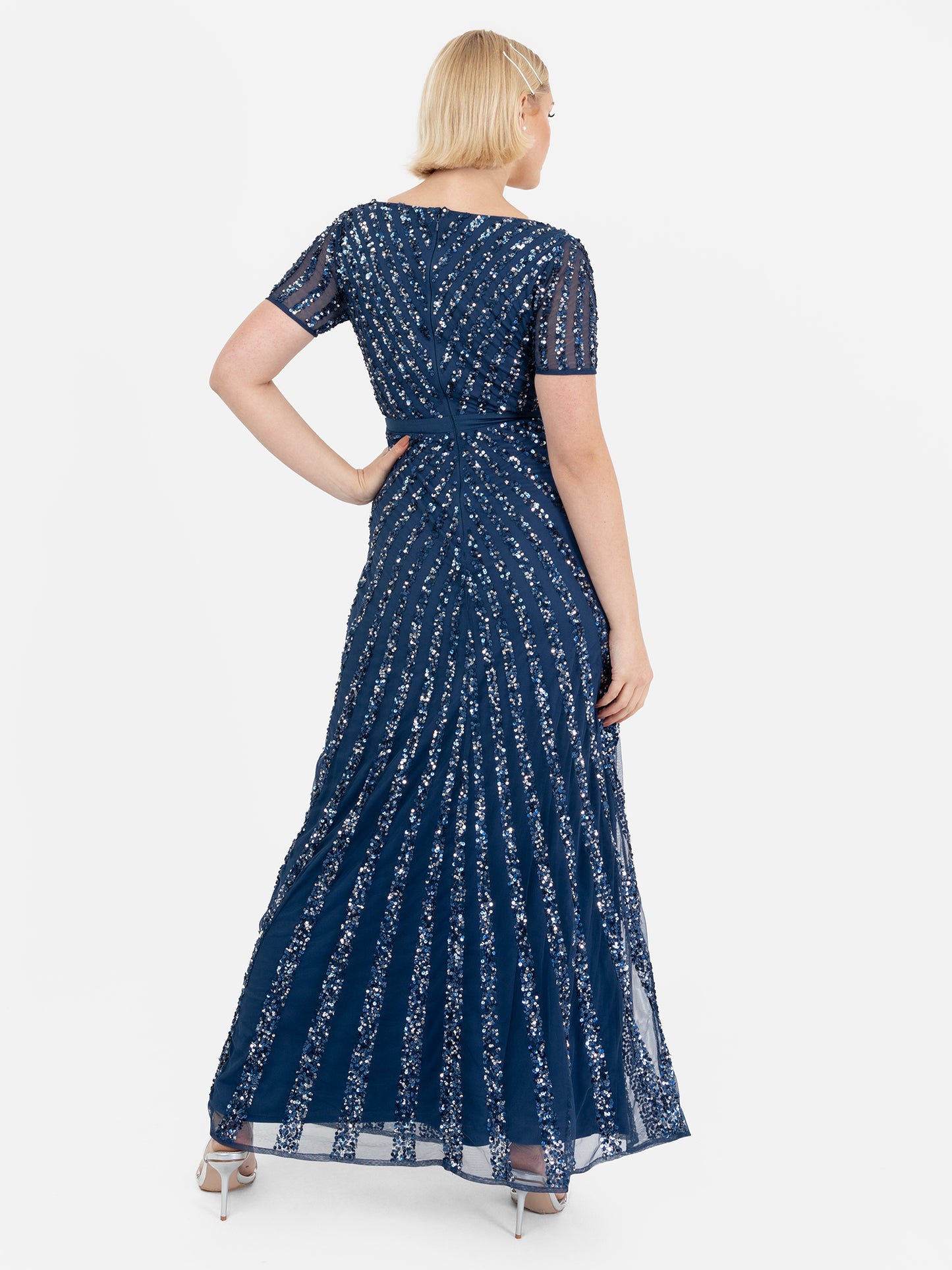 Maya French Navy Short Sleeve Stripe Embellished Maxi Dress