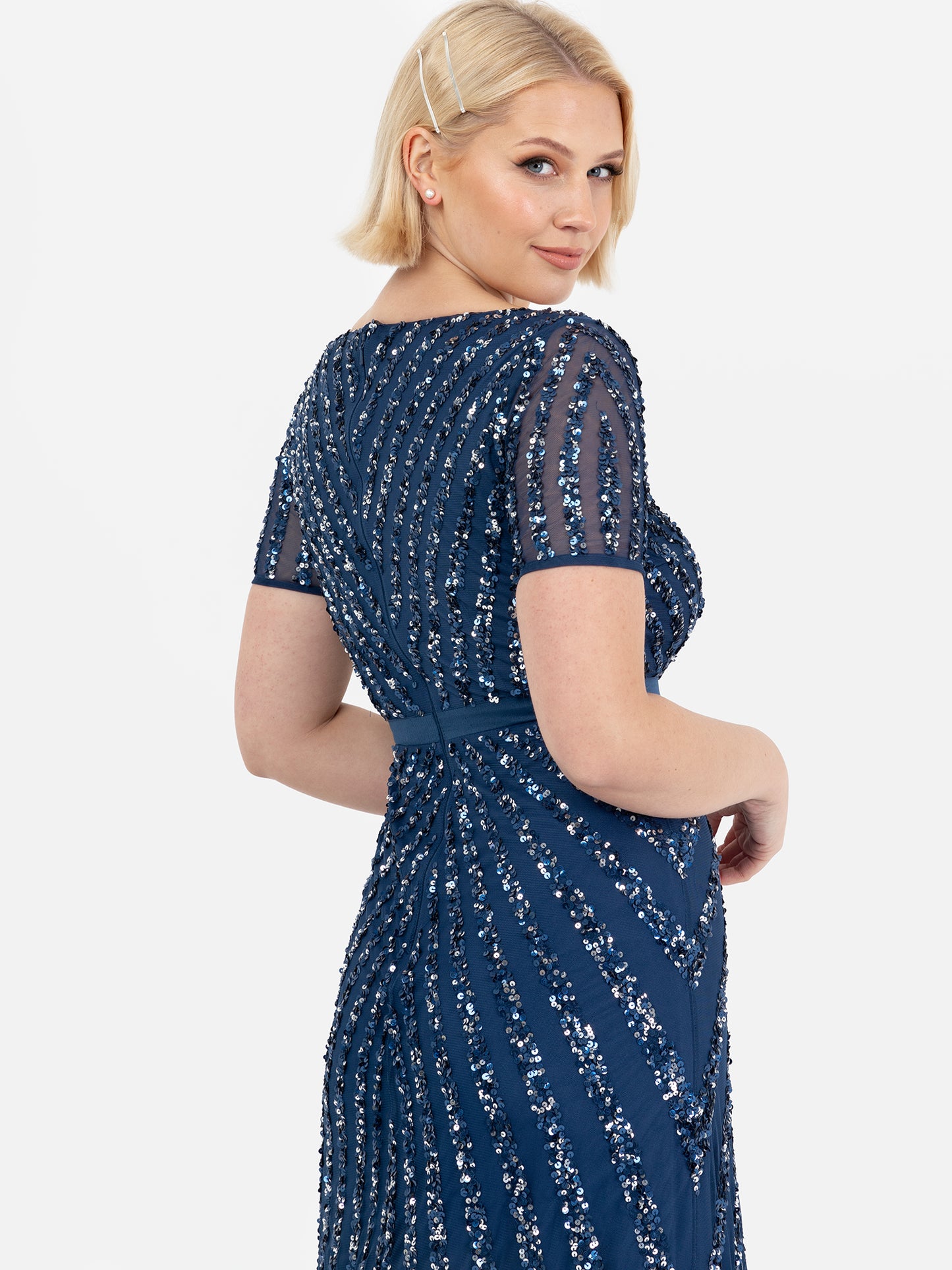 Maya French Navy Short Sleeve Stripe Embellished Maxi Dress