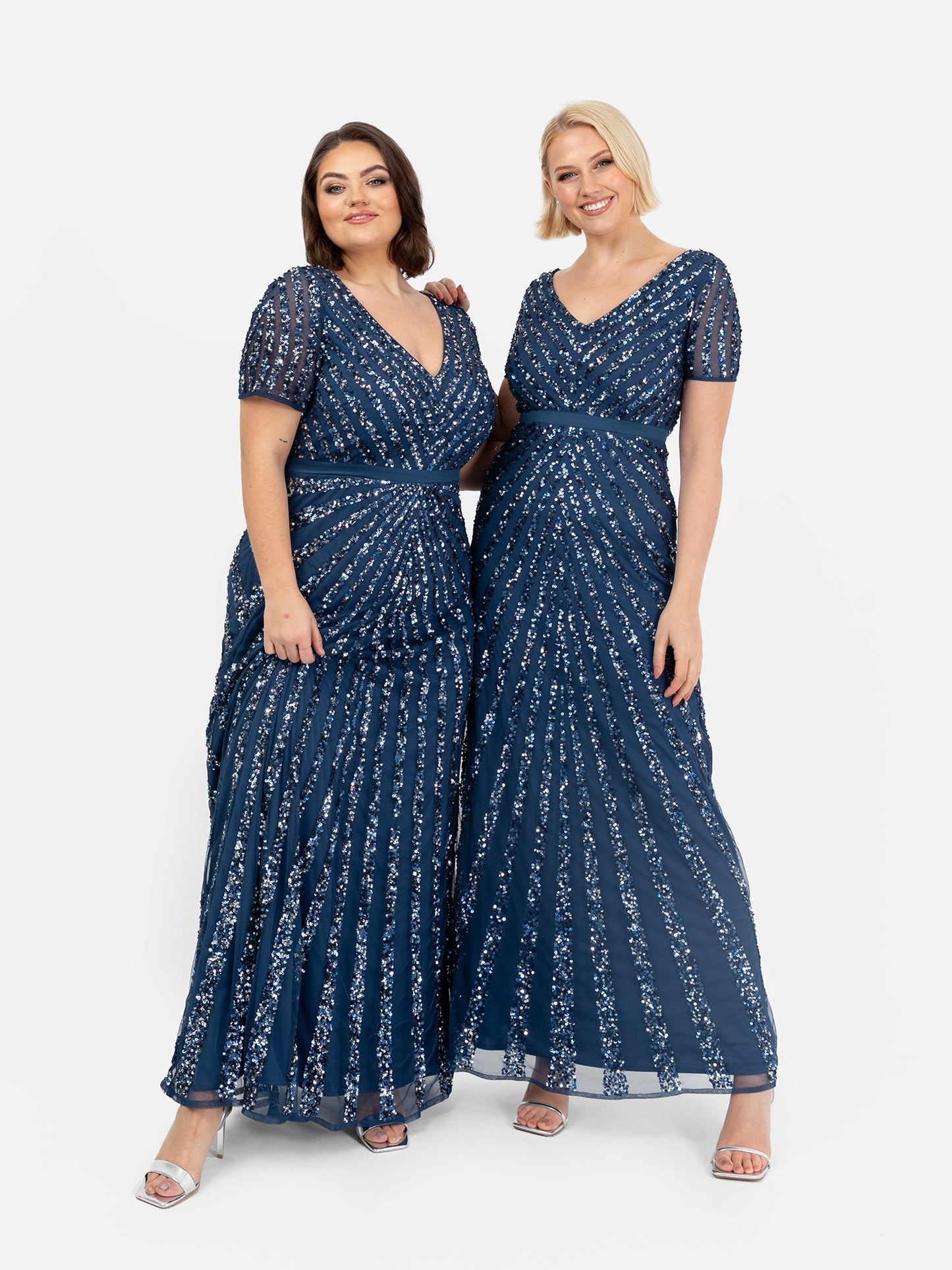 Maya French Navy Short Sleeve Stripe Embellished Maxi Dress