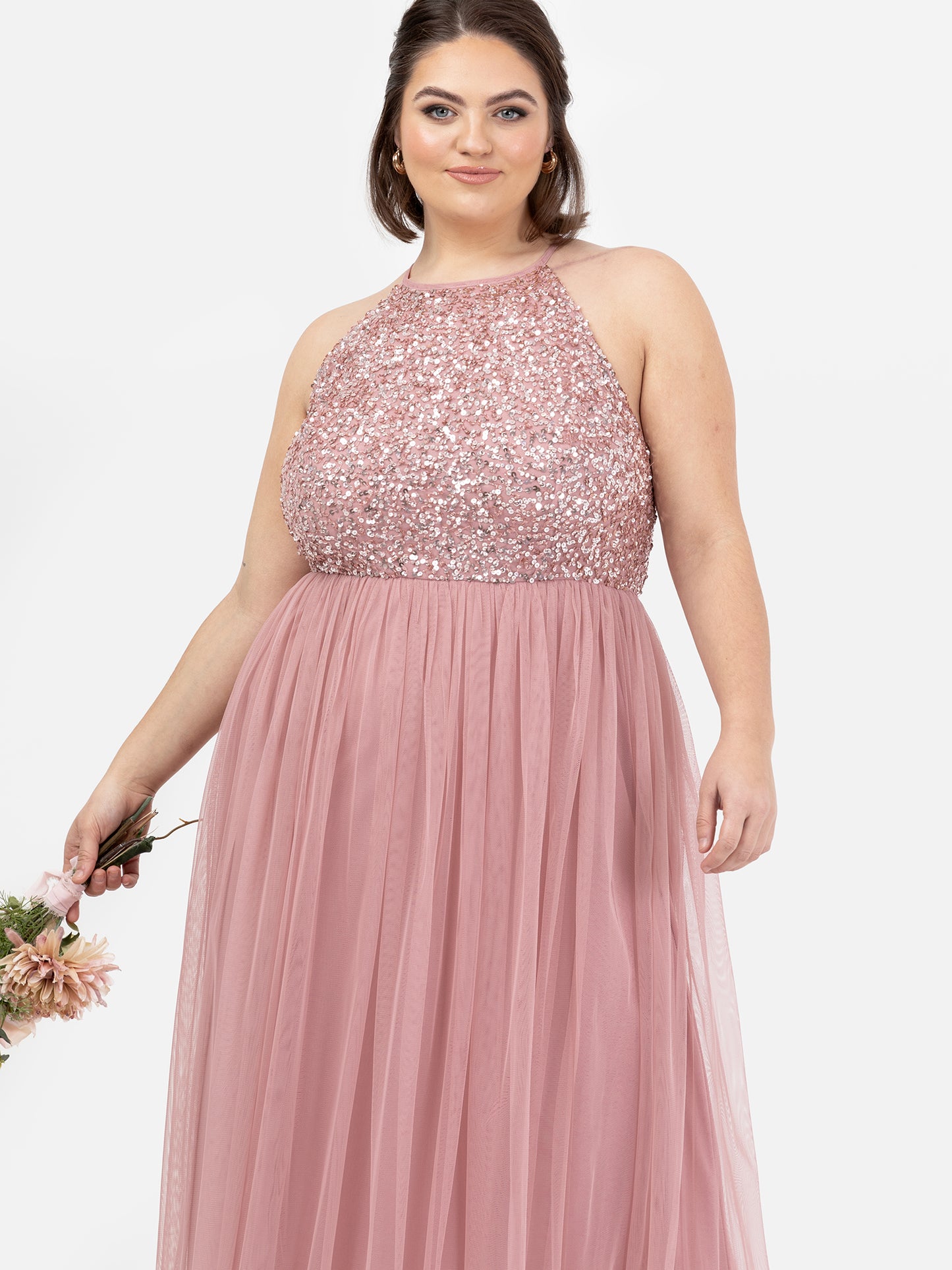 Maya Dusty Pink Embellished Halter Neck Maxi Dress