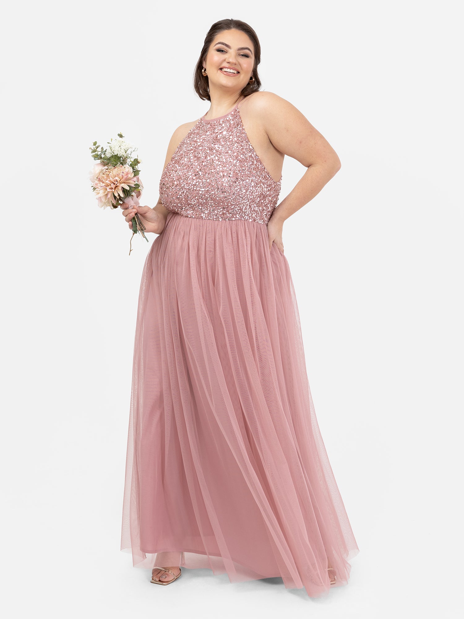 maya deluxe pink dress Pink sequin and net evening dress by Maya Deluxe size UK 16