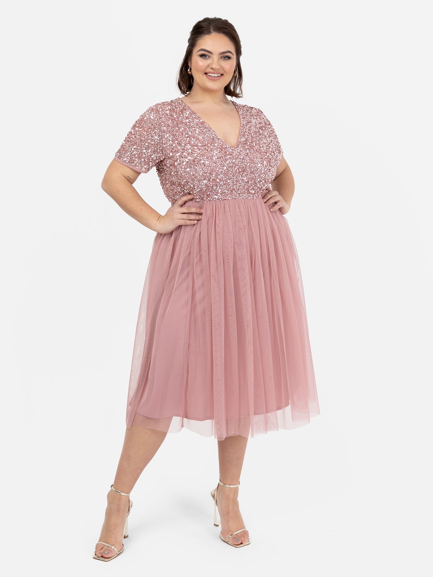 Maya Dusty Pink V Neckline Embellished Midi Dress