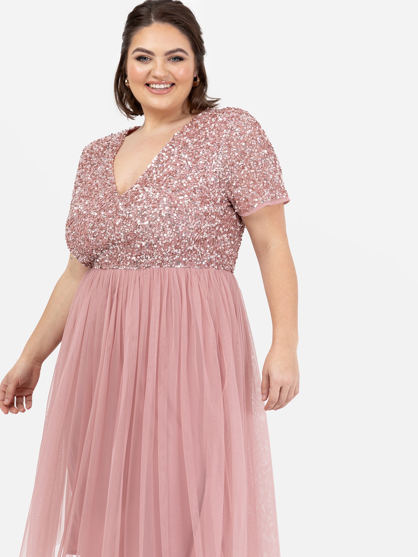 Maya Dusty Pink V Neckline Embellished Midi Dress