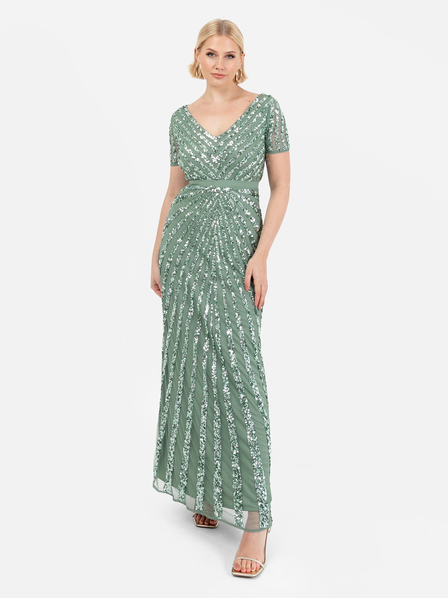 Maya Dark Sage Green Short Sleeve Stripe Embellished Maxi Dress Maya Deluxe Maya Dark Sage Green Short Sleeve Stripe Embellished Maxi Dress Maya Deluxe