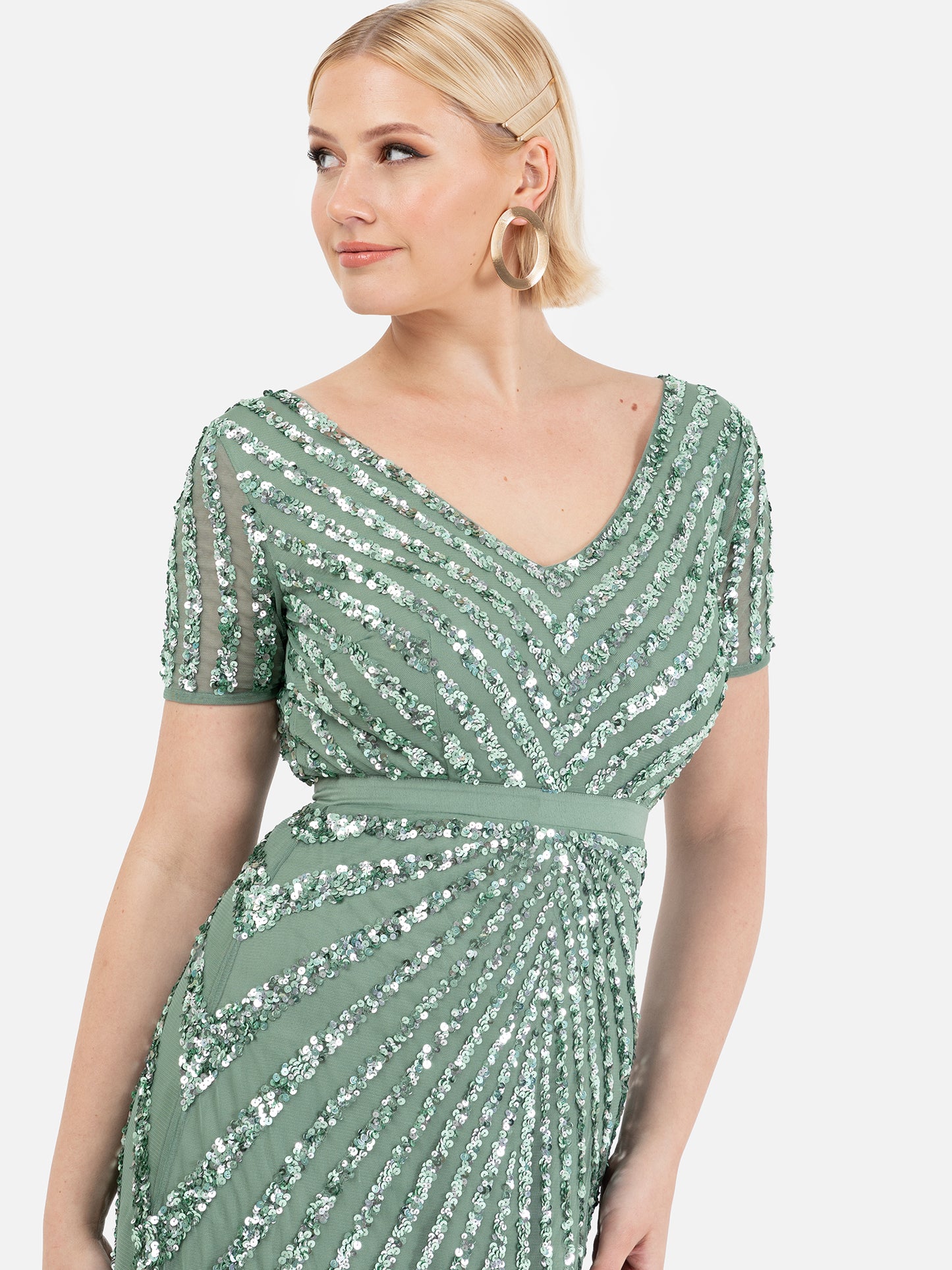 Maya Dark Sage Green Short Sleeve Stripe Embellished Maxi Dress