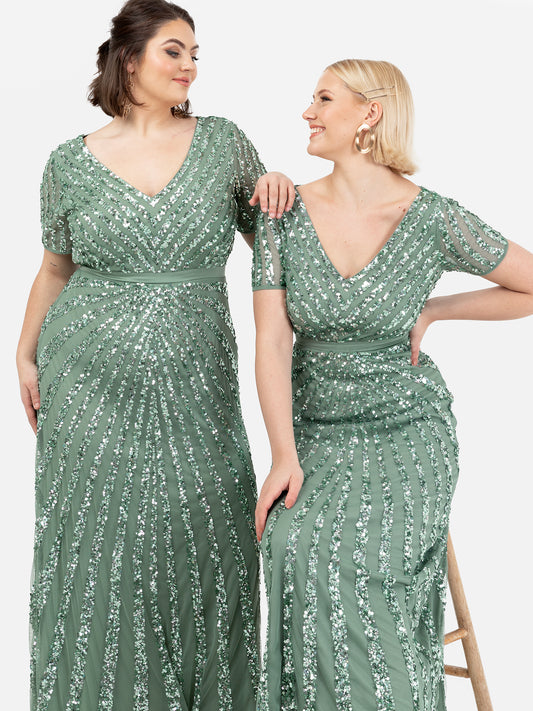 Maya Dark Sage Green Short Sleeve Stripe Embellished Maxi Dress