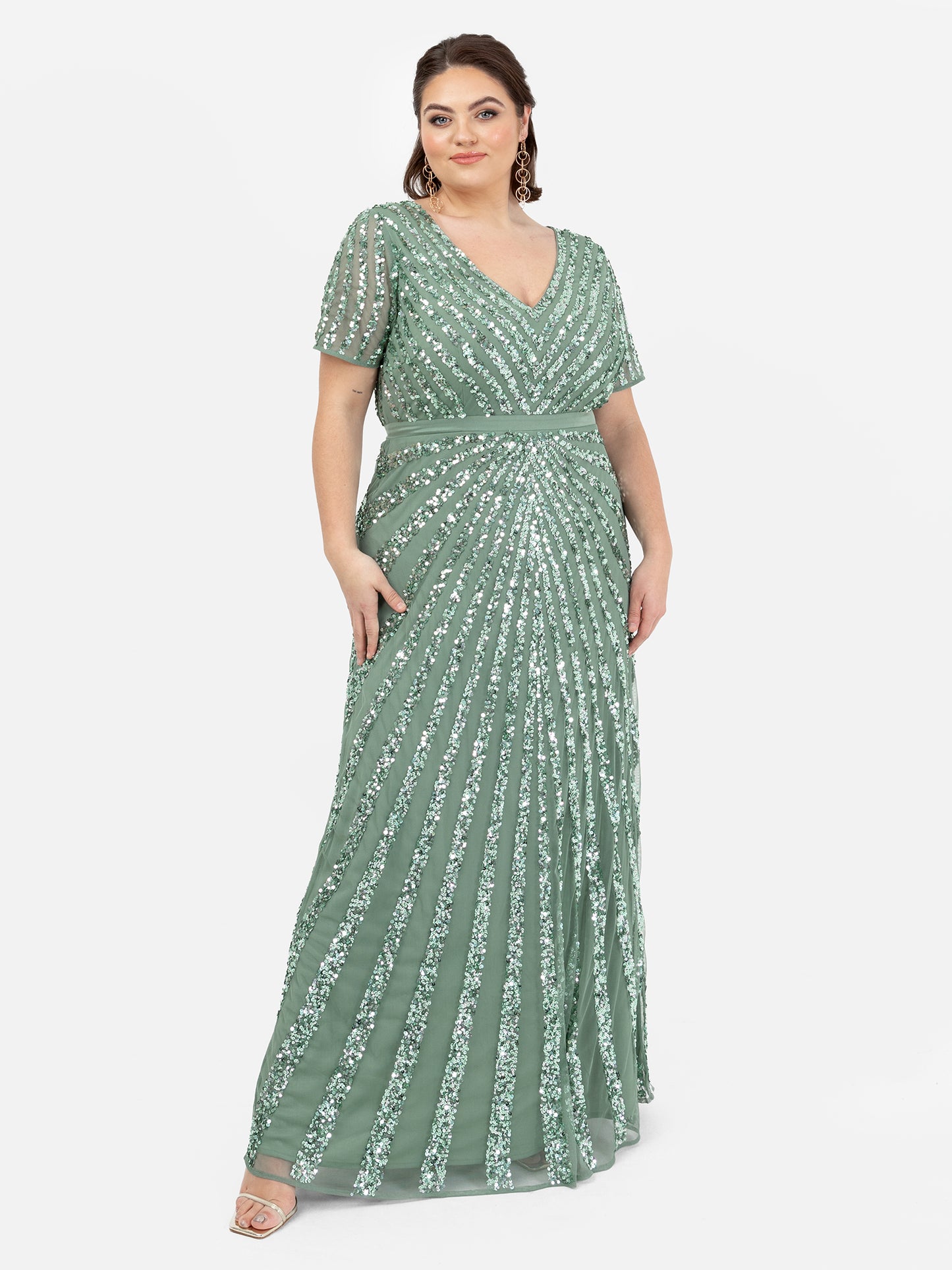 Maya Dark Sage Green Short Sleeve Stripe Embellished Maxi Dress