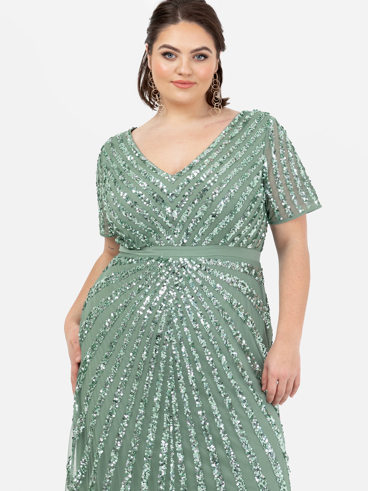 Maya Dark Sage Green Short Sleeve Stripe Embellished Maxi Dress