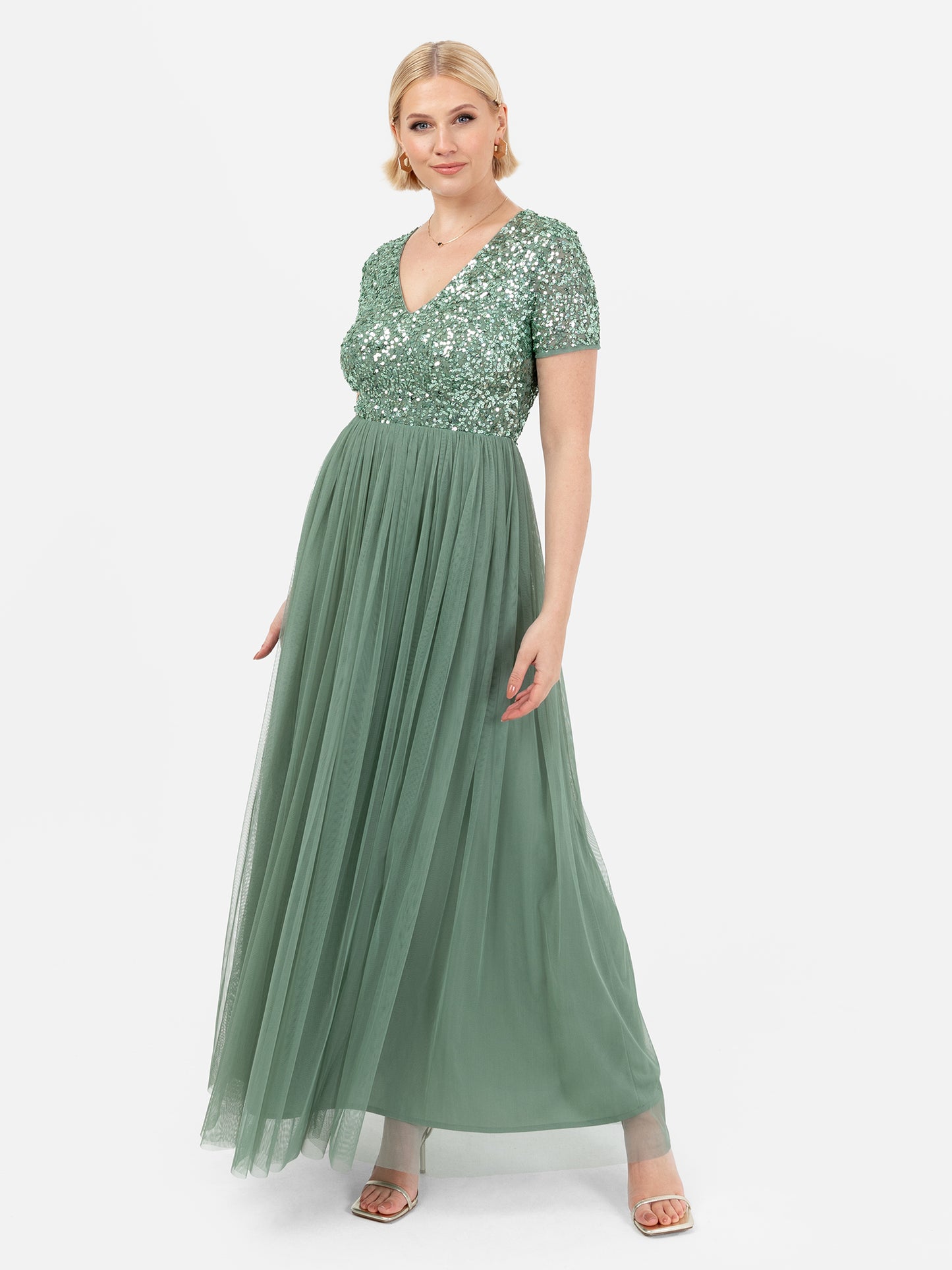 Maya Dark Sage Green V Neckline Embellished Maxi Dress