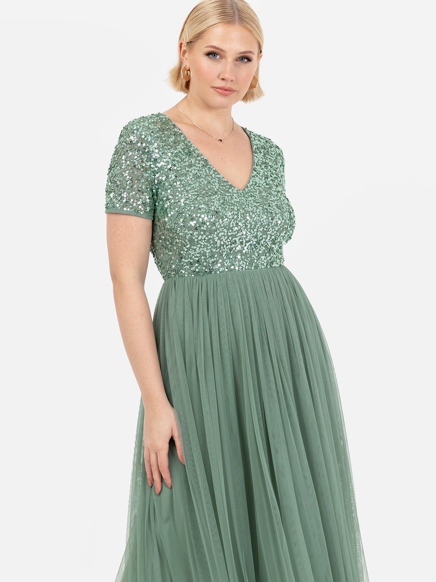 Maya Dark Sage Green V Neckline Embellished Maxi Dress