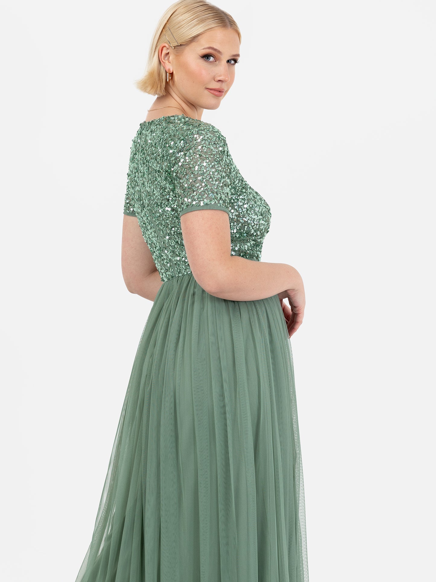Maya Dark Sage Green V Neckline Embellished Maxi Dress