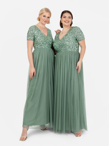 Maya Dark Sage Green V Neckline Embellished Maxi Dress – Maya Deluxe