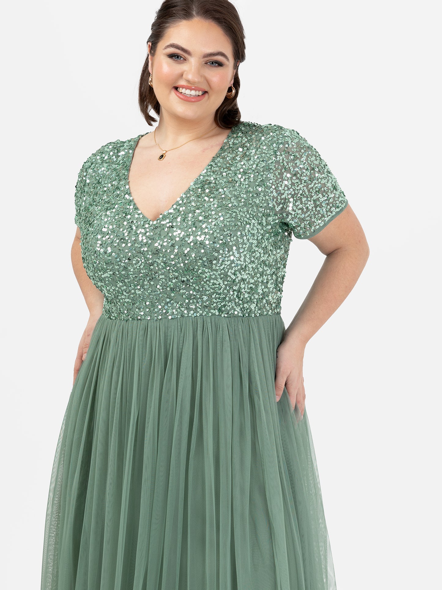 Maya Dark Sage Green V Neckline Embellished Maxi Dress