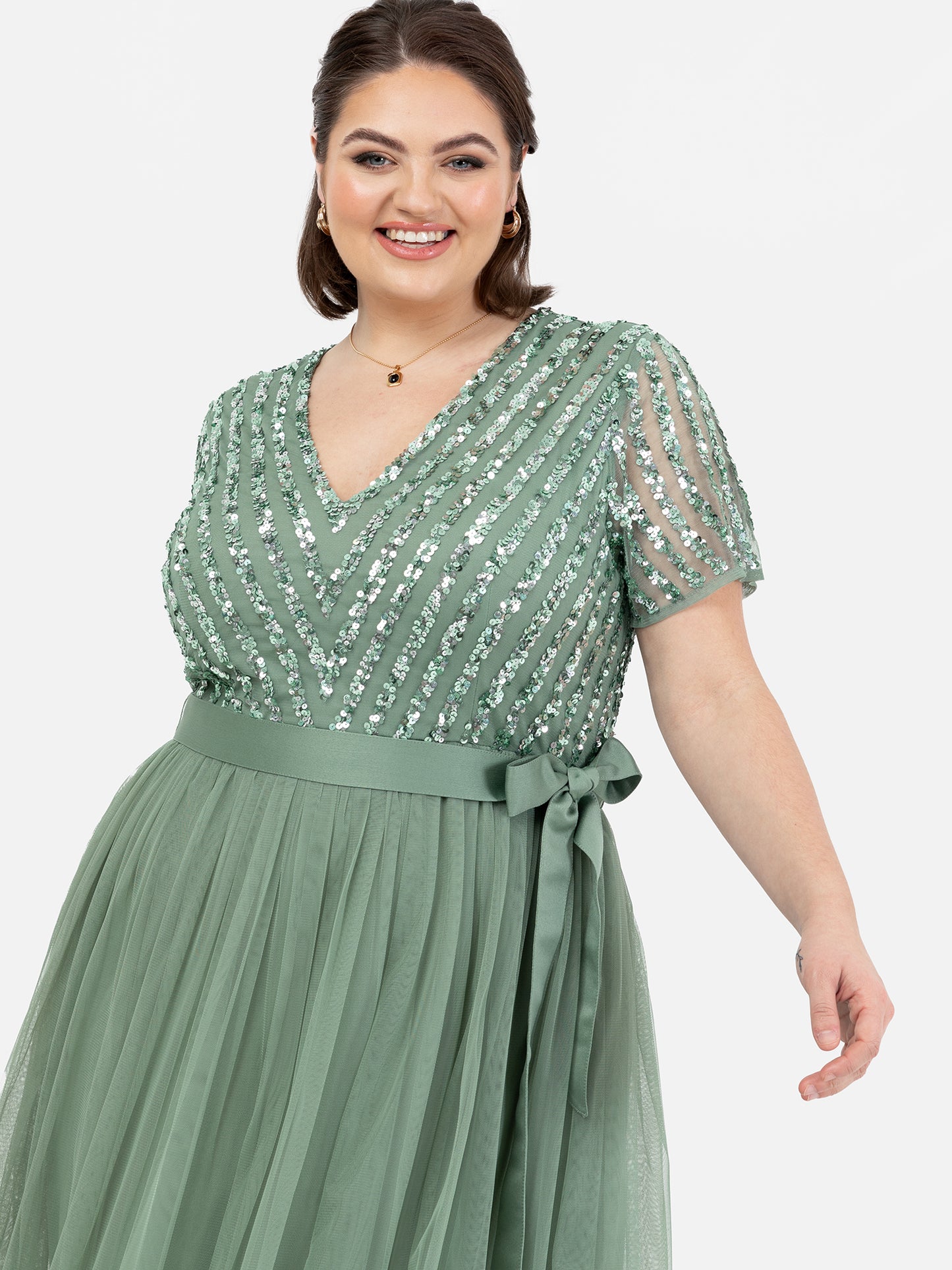 Maya Dark Sage Green Stripe Embellished Maxi Dress With Sash Belt