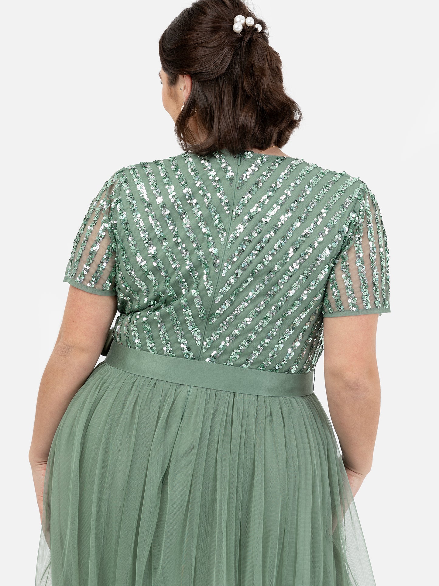 Maya Dark Sage Green Stripe Embellished Maxi Dress With Sash Belt