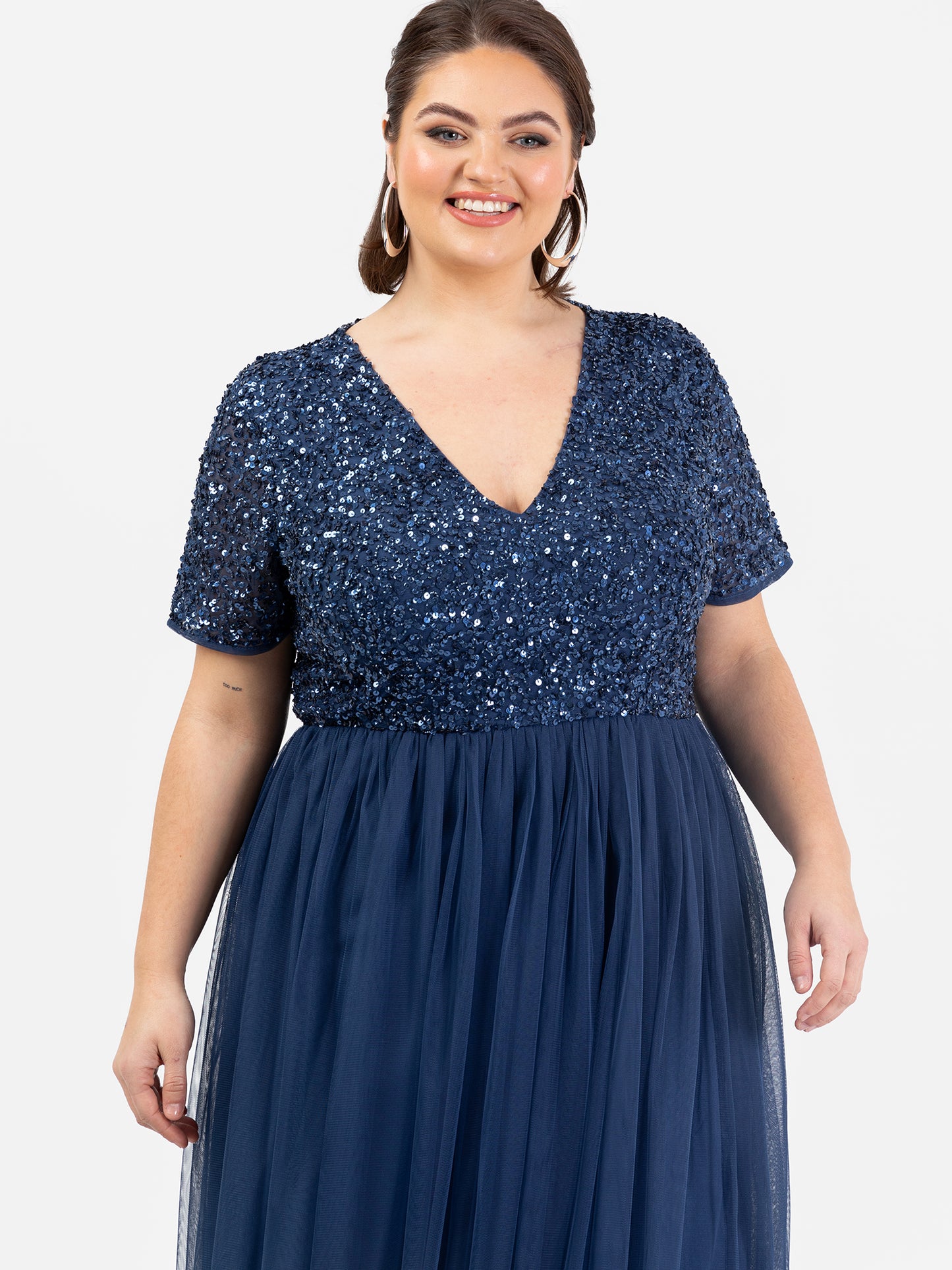 Maya French Navy V Neckline Embellished Midi Dress