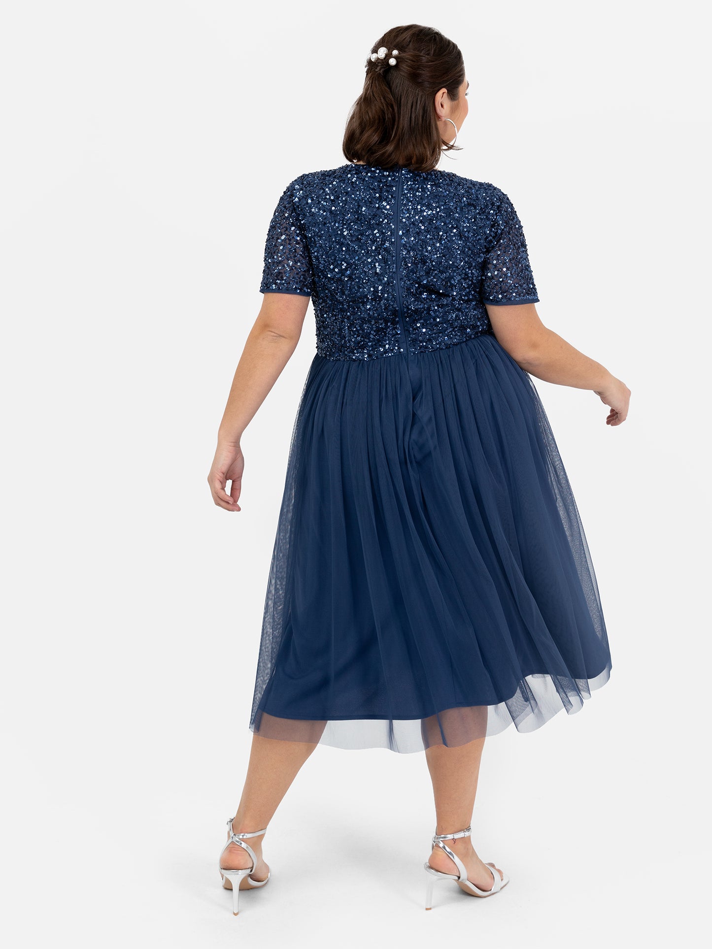 Maya French Navy V Neckline Embellished Midi Dress