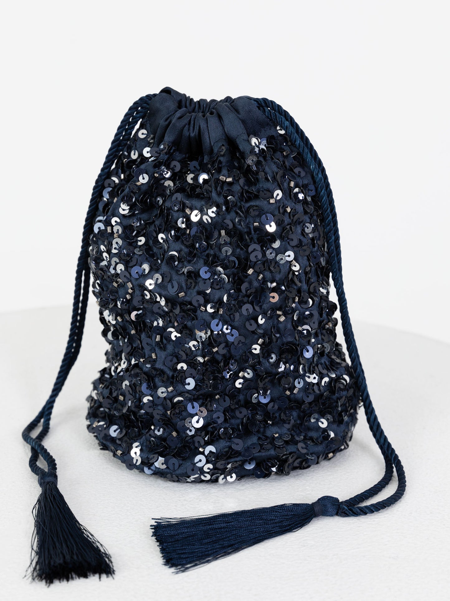 Maya Navy Embellished Drawstring Purse