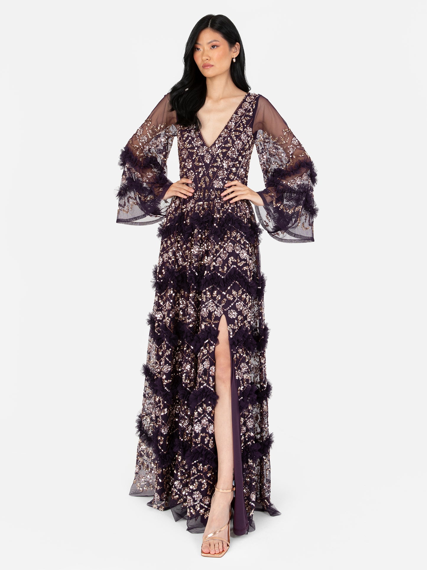 Maya Purple Fully Embellished Maxi Dress With Frill Detail