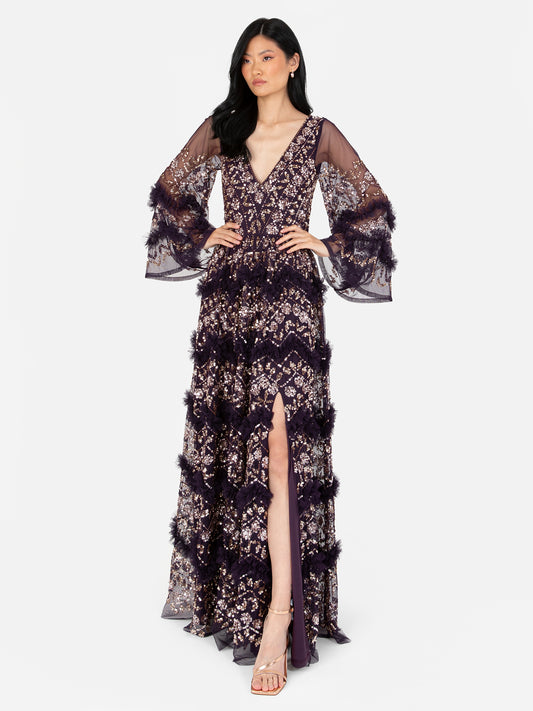 Maya Purple Fully Embellished Maxi Dress With Frill Detail