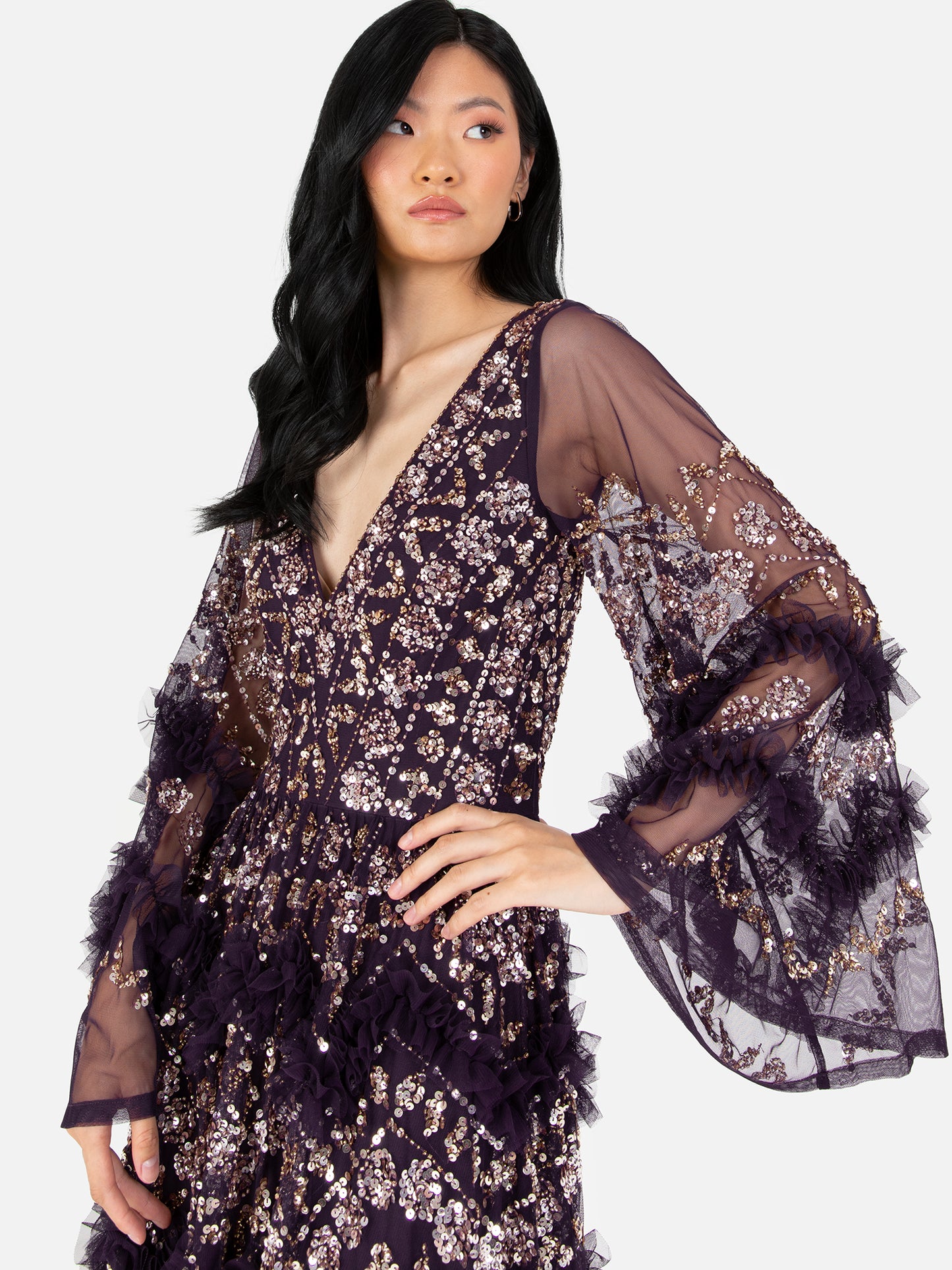 Maya Purple Fully Embellished Maxi Dress With Frill Detail