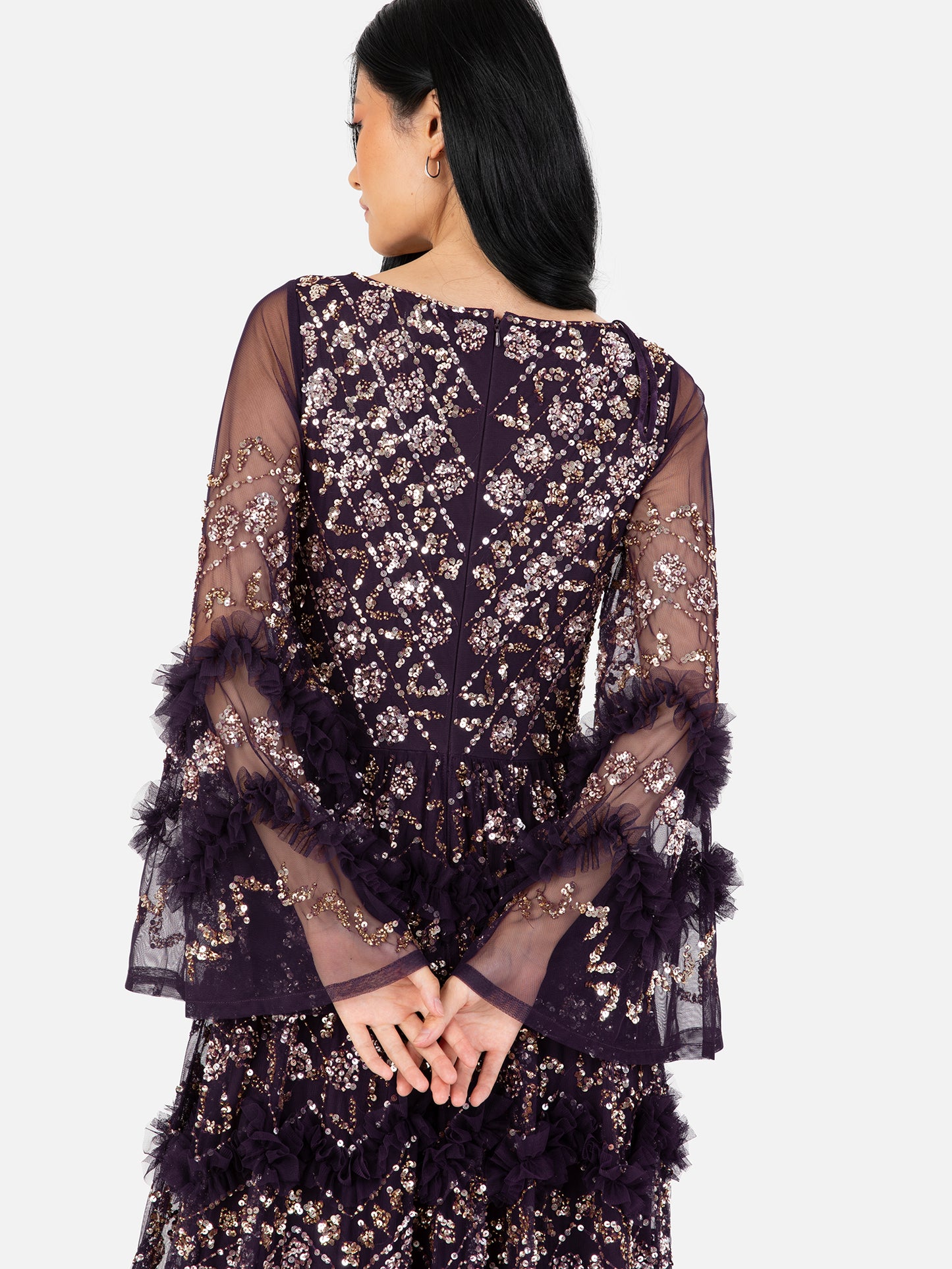 Maya Purple Fully Embellished Maxi Dress With Frill Detail