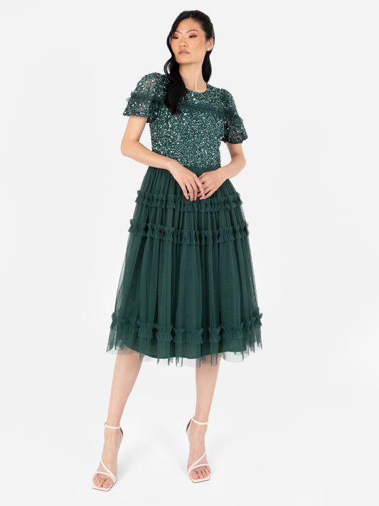 Maya Emerald Green Embellished Short Sleeve Midi Dress