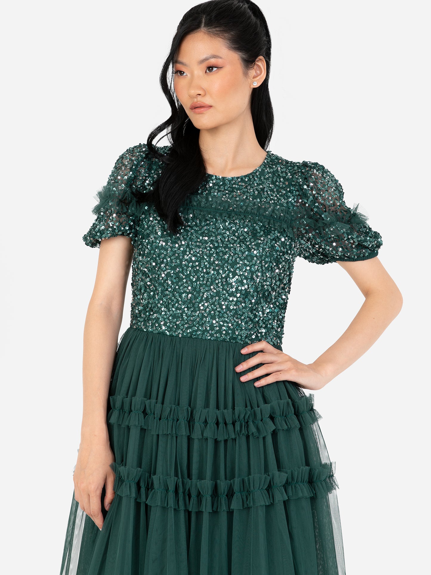 Maya Emerald Green Embellished Short Sleeve Midi Dress