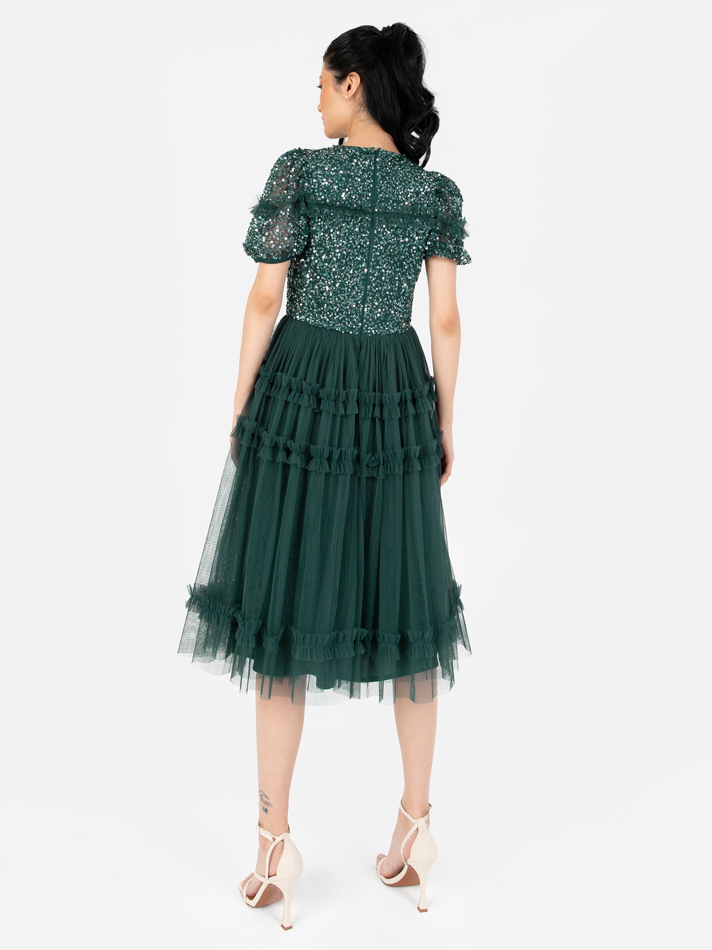 Maya Emerald Green Embellished Short Sleeve Midi Dress