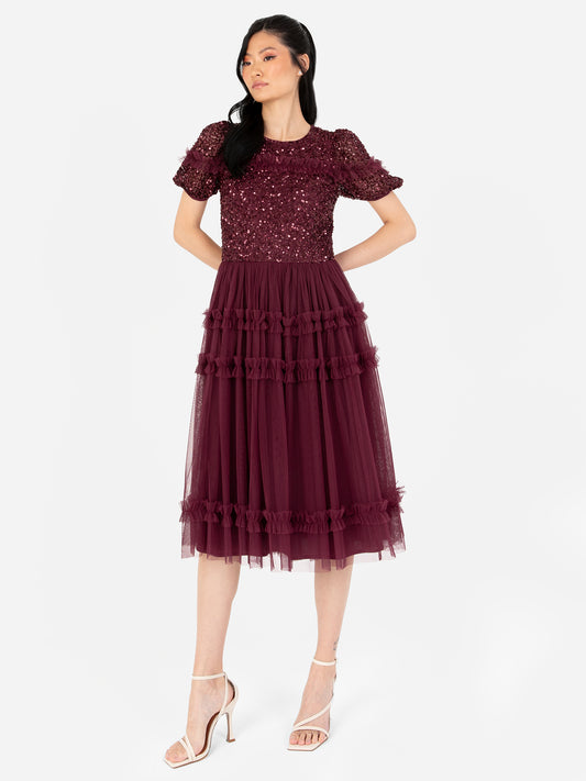Maya Red Embellished Short Sleeve Midi Dress