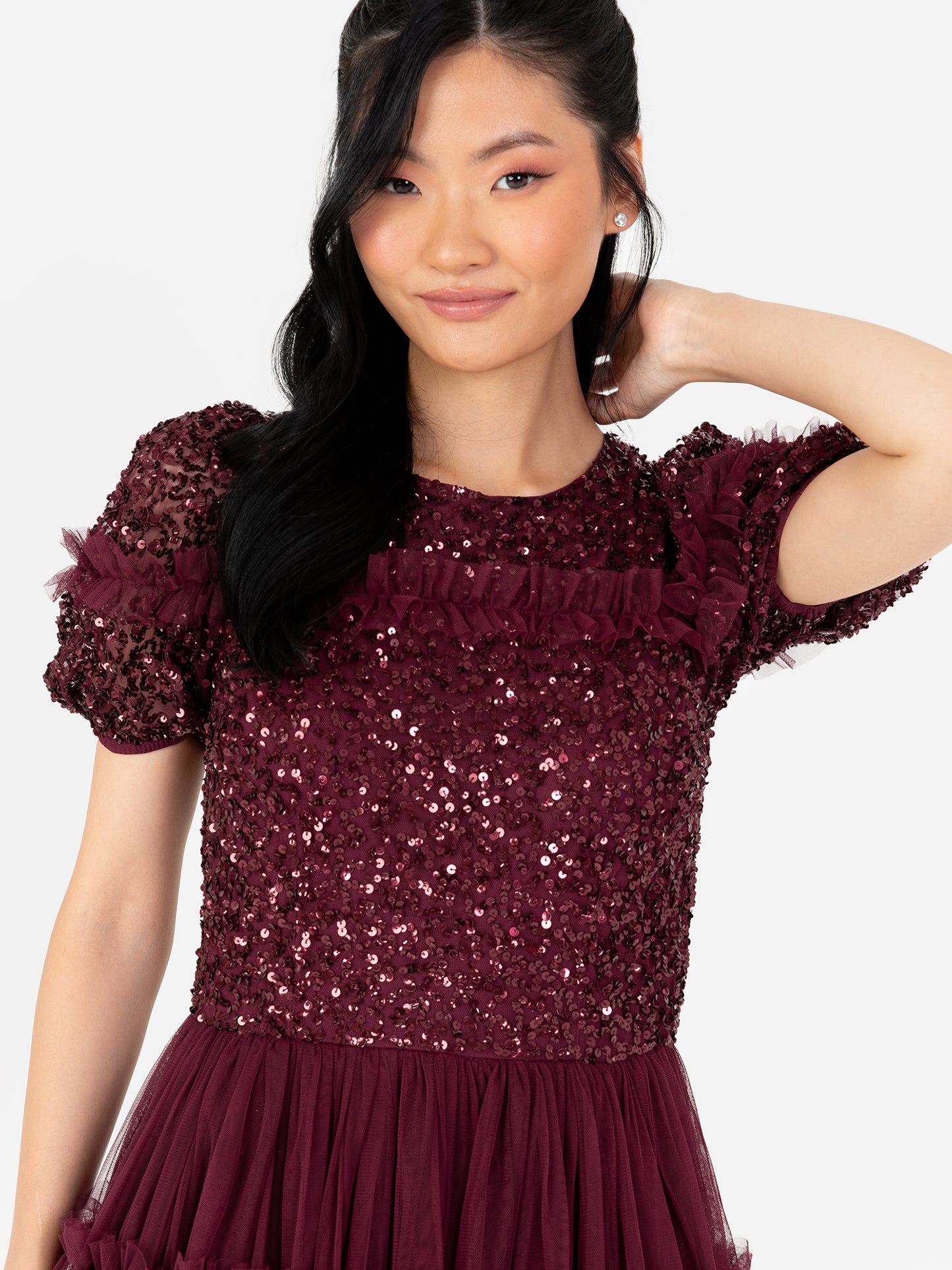 Maya Red Embellished Short Sleeve Midi Dress